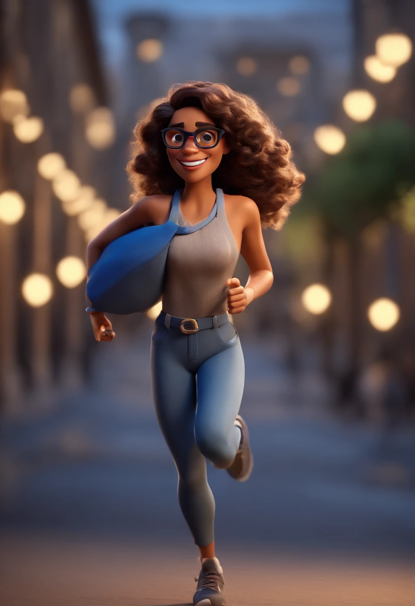 Cartoon character of a woman with running clothes, black glasses and a blue shirt, animation character, Caractere estilizado, animation style rendering, 3D estilizado, Arnold Maya render, 3 d render stylized, toon render keyshot, Personagem 3D, Personagem 3D, 3d rendering stylized, 3 d character render, personagem de desenho animado, Personagem de close up, Pose de personagem, (Estilo Pixar) (master part:1.2) (Bokeh) (best quality) (pele detalhada) (textura detalhada) (8k) (argila) (Cinematic lighting) (foco nítido