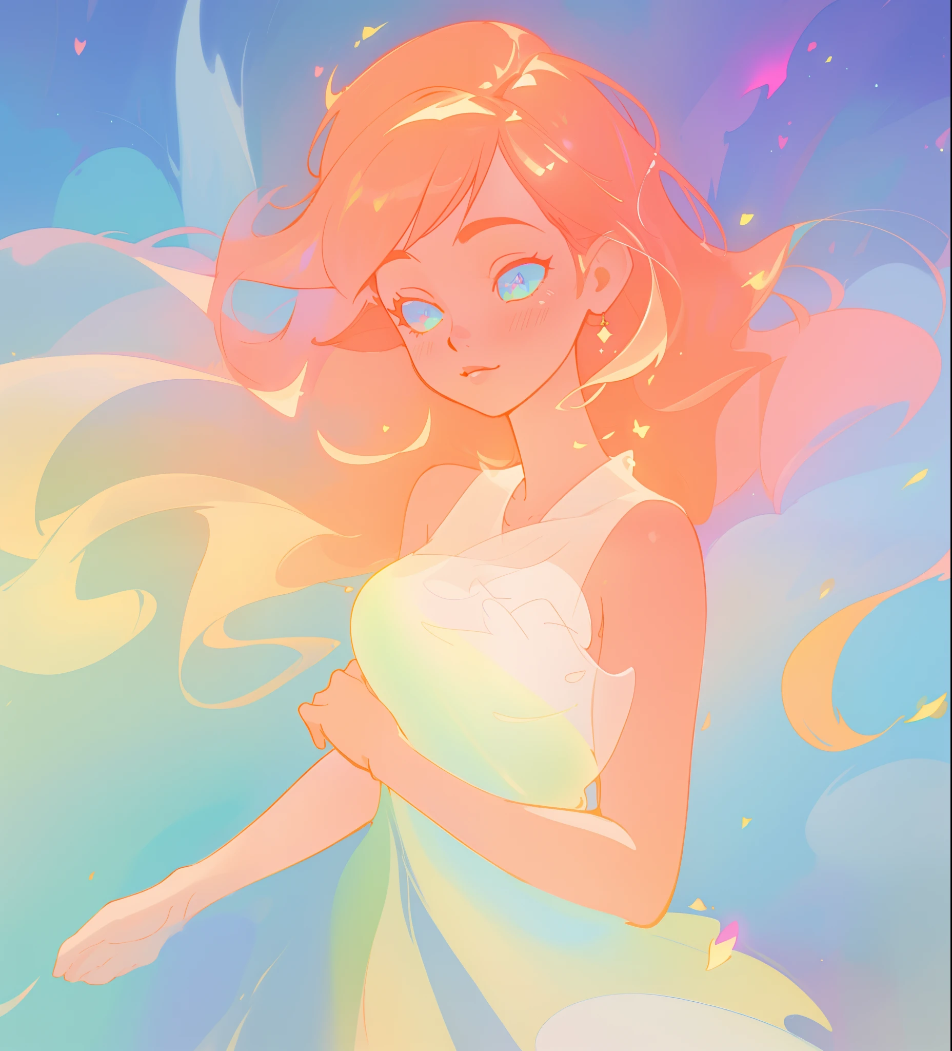 beautiful girl in flowing white dress, vibrant pastel colors, (colorful), magical lights, long flowing colorful peach hair, inspired by Glen Keane, inspired by Lois van Baarle, disney art style, by Lois van Baarle, glowing aura around her, by Glen Keane, jen bartel, glowing lights! digital painting, flowing glowing hair, glowing flowing hair, beautiful digital illustration, fantasia background, whimsical, magical, fantasy, beautiful face, ((masterpiece, best quality)), intricate details, highly detailed, sharp focus, 8k resolution, sparkling detailed eyes, liquid watercolor