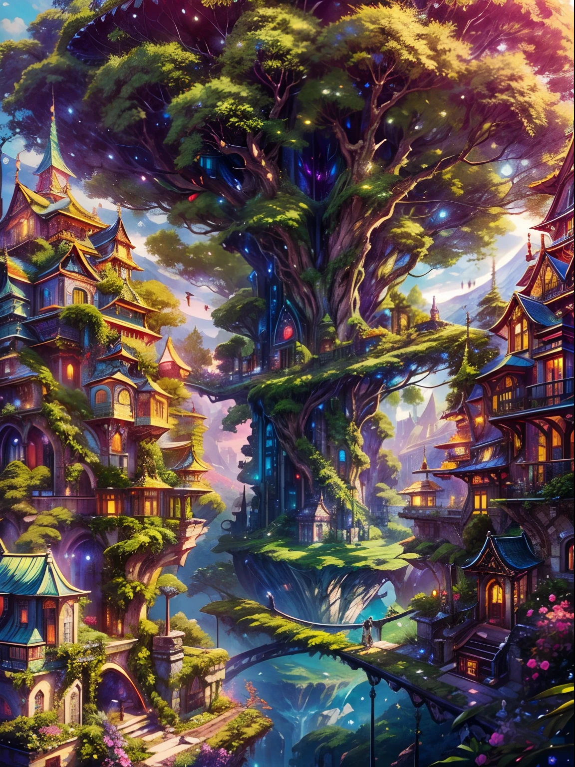 (Best Quality,4K,8K,hight resolution,masutepiece:1.2),Ultra-detailed,(Realistic,Photorealistic,Photorealsitic:1.37),A city in another world,City on the Tree,A giant world tree with a long and large vine,Large colorful houses suspended in the air by vines々,House hanging on a tree branch,Far Shot,Magical atmosphere,dreamlike landscape,Seductive colors,dazzling lights,Vivid and vivid cityscape,ethereal glow,Whimsical architecture,The impressive scale of the city,Detailed foliage of the tree,Elaborate texture of the house,Depth and dimensions of the composition,Immersive and spectacular views,Captivating setting,rich greenery,Beautifully intertwined vines,A majestic and awe-inspiring tree,A world of myths and illusions,Immerse yourself in the beauty of nature and civilization,Unforgettable and breathtaking views,Explore the secrets hidden in the treetop city.