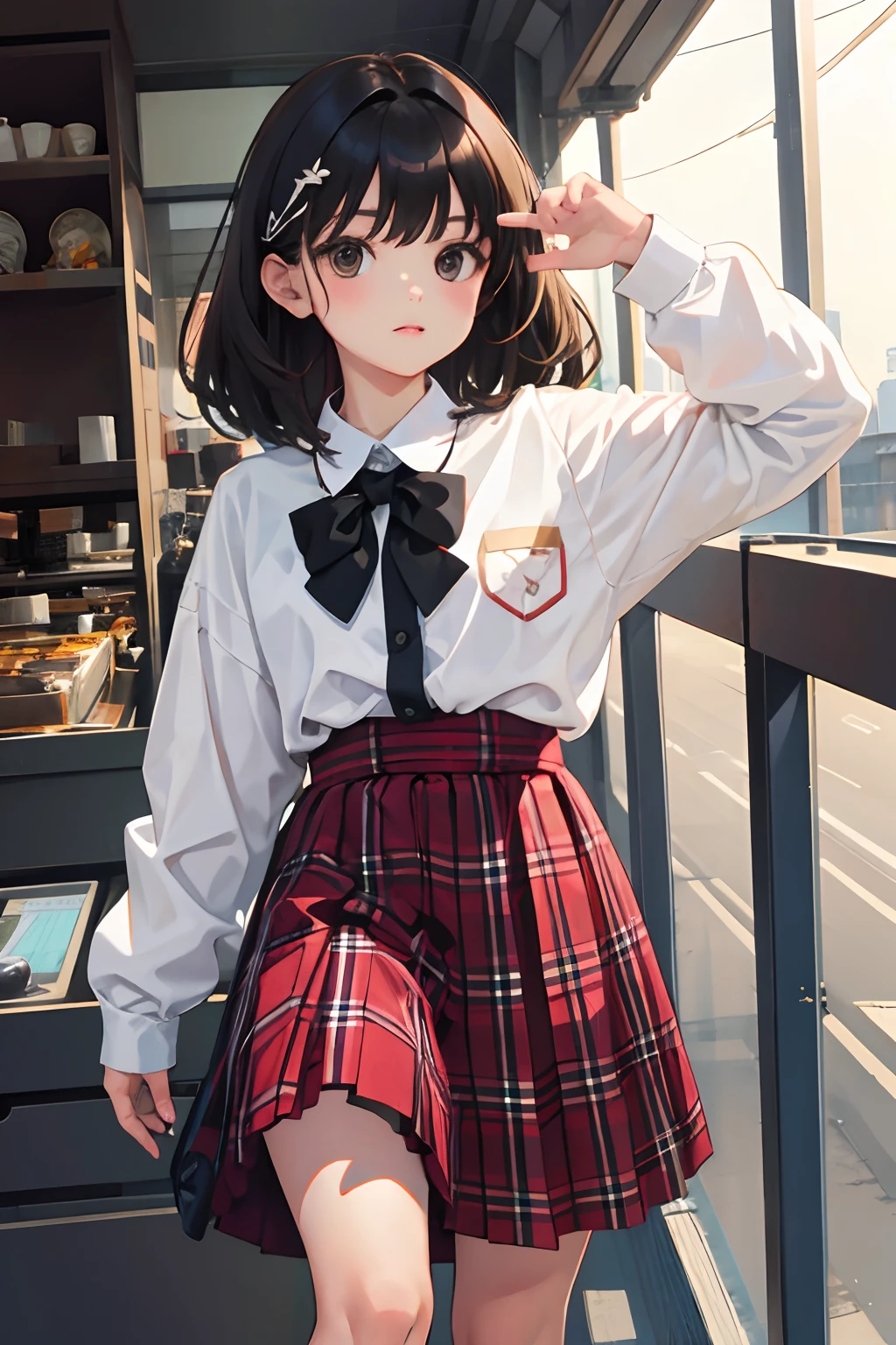 child,(masterpiece,Highest Quality),Brown Parker,plaid skirts,A dark-haired