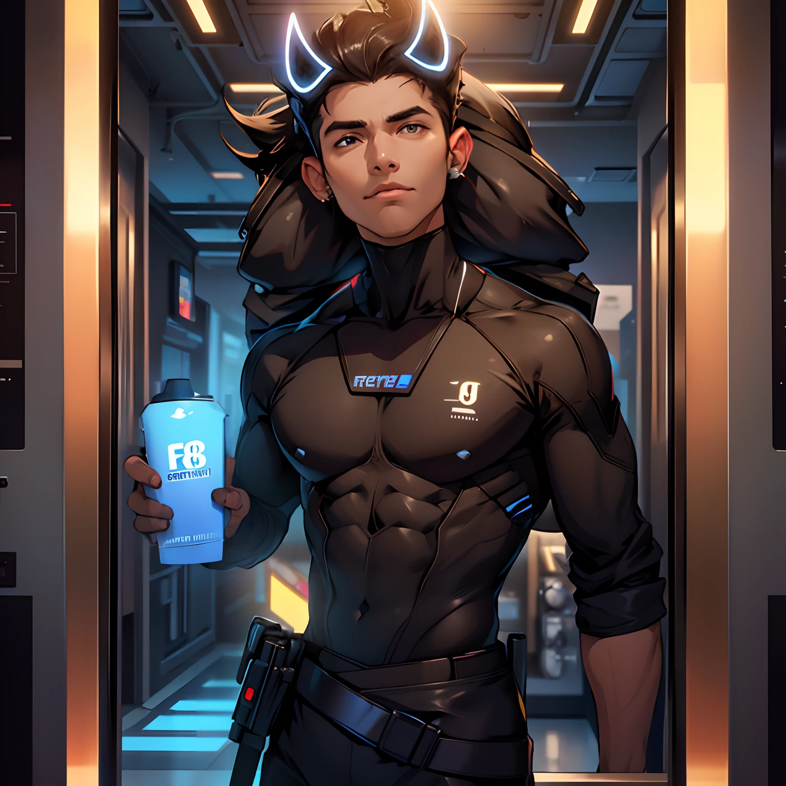 Boy with coffee futuristic background realisti c face 8k ultra high quality hd