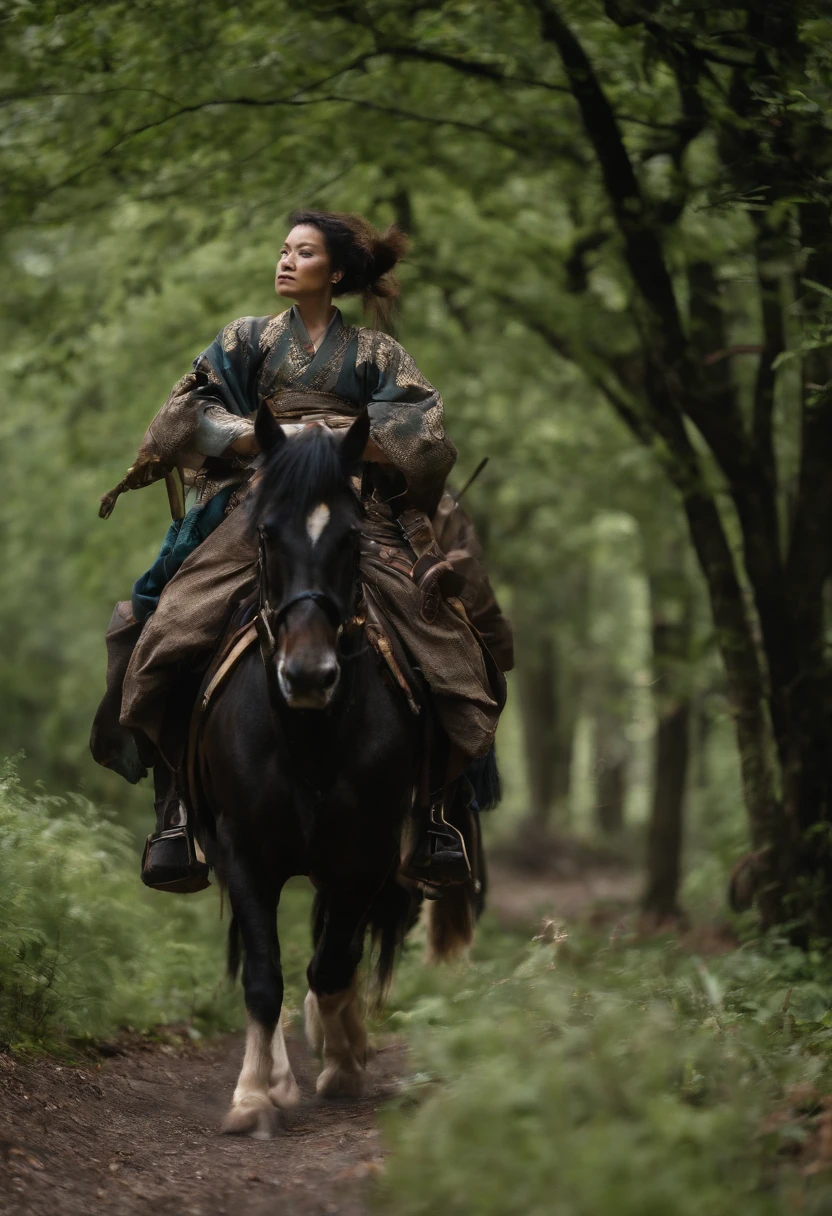 two female Samurai, Geist, Wandern mit Luchsen in einem Spukdorf, Nachthimmel, blauer Vollmond, realistisch, Full HD, best qulaity, Katanas, kampf, leidenschaft