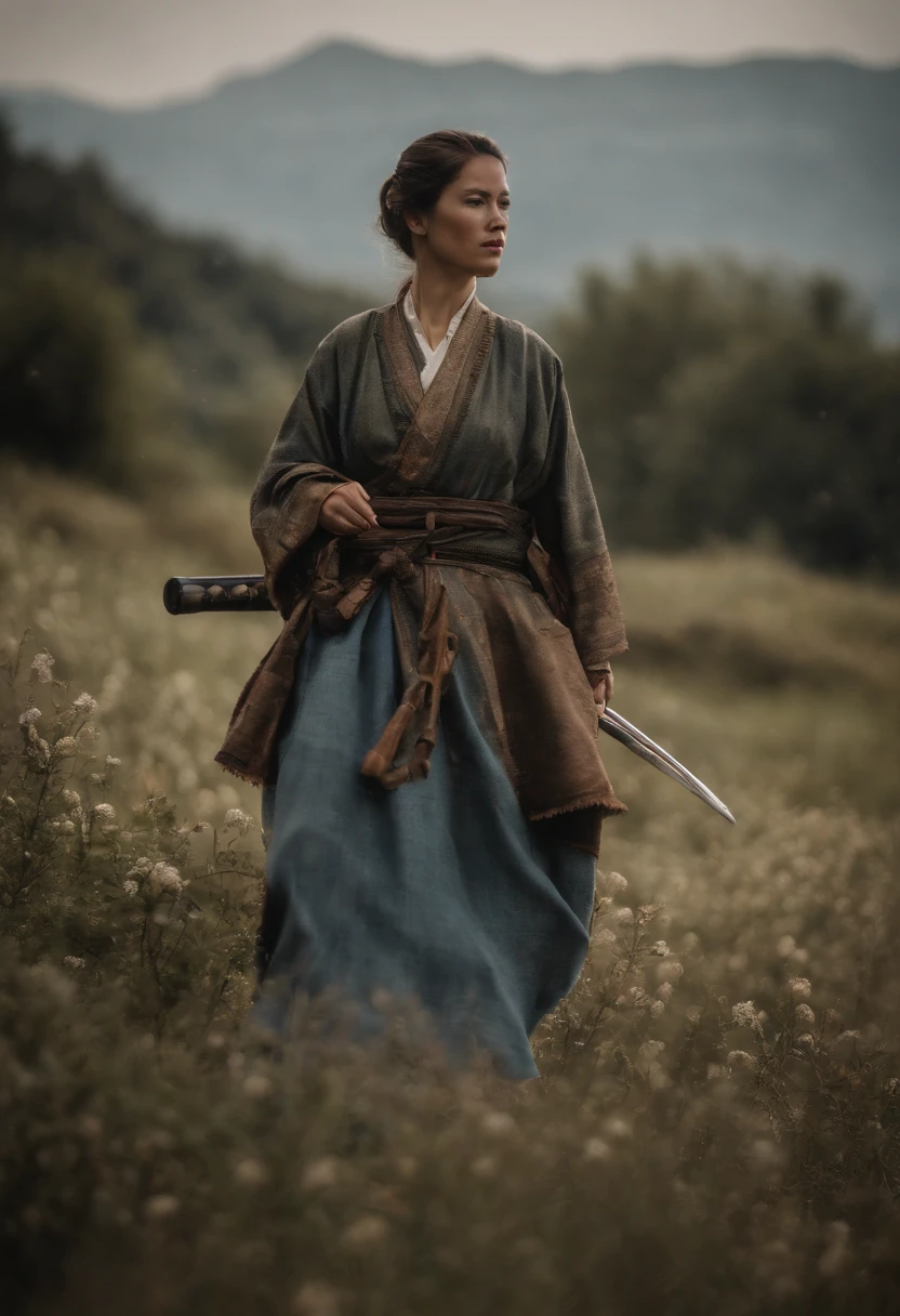 two female Samurai, Geist, Wandern mit Luchsen in einem Spukdorf, Nachthimmel, blauer Vollmond, realistisch, Full HD, best qulaity, Katanas, kampf, leidenschaft