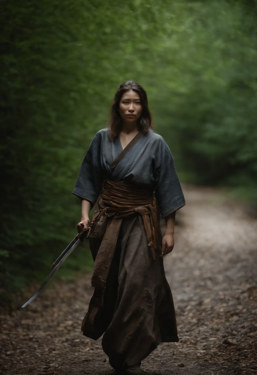 two female Samurai, Geist, Wandern mit Luchsen in einem Spukdorf, Nachthimmel, blauer Vollmond, realistisch, Full HD, best qulaity, Katanas, kampf, leidenschaft
