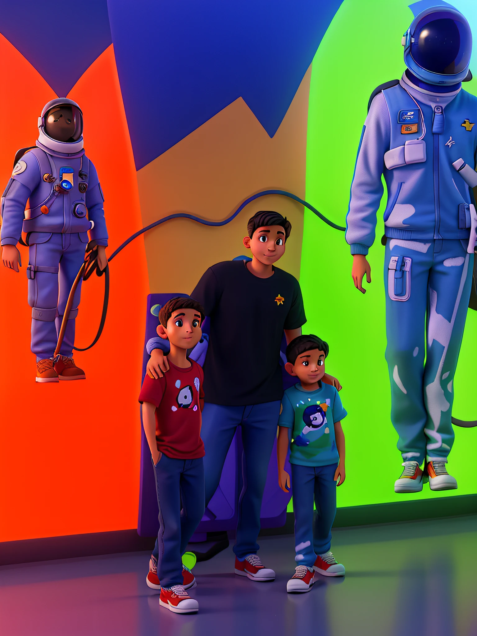 A man and two children, Wearing flocent socks on your feet, estilo disney pixar no centro da imagem, alta qualidade, melhor qualidade; na parede de fundo do lado direito uma pintura de astronauta estilo desenho cartoon, e do lado esquerdo uma pintura de astronauta estilo desenho cartoon, alta qualidade, melhor qualidade