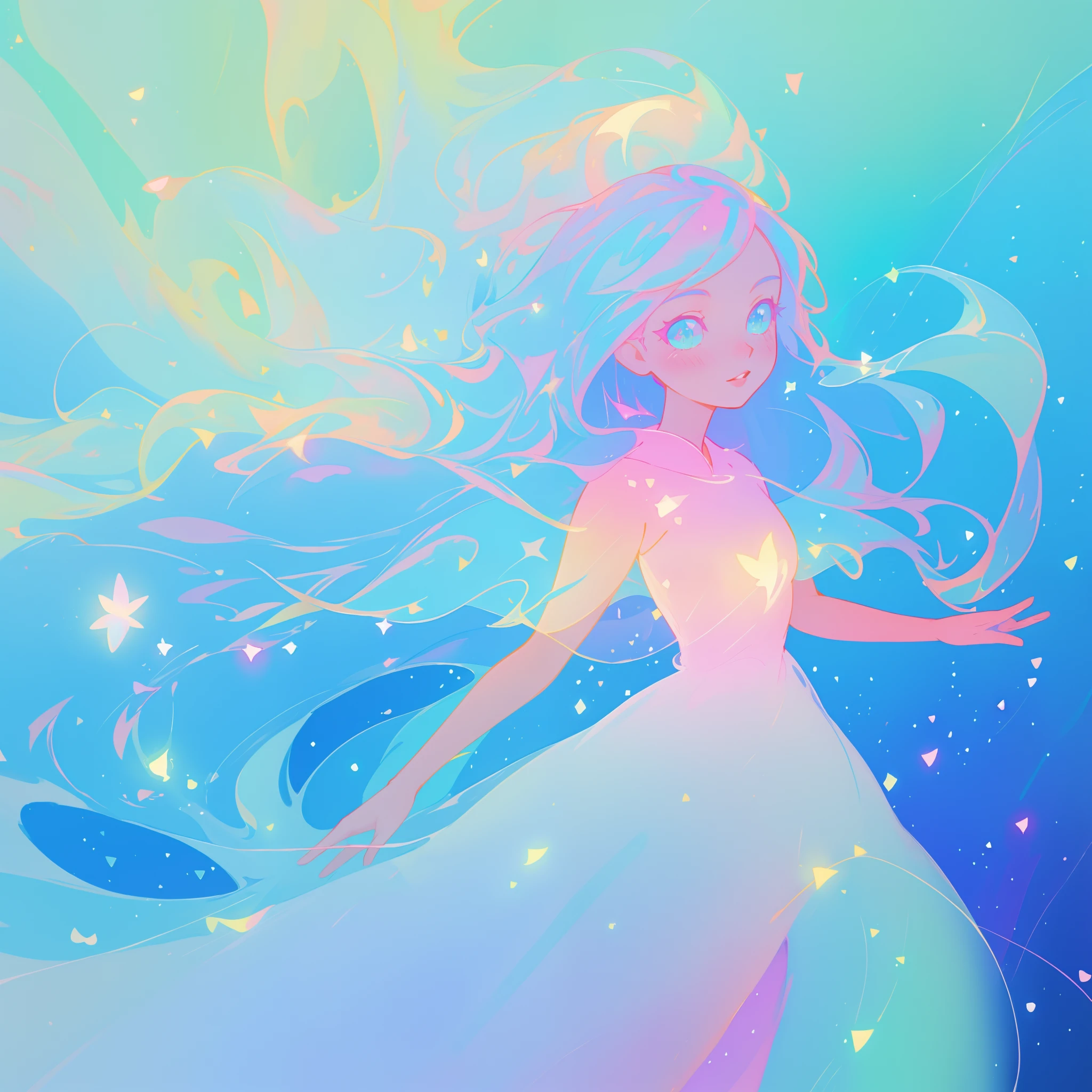 beautiful anime girl in colorful liquid dress, vibrant pastel colors, (colorful), magical lights, sparkling lines of light, inspired by Glen Keane, inspired by Lois van Baarle, disney art style, by Lois van Baarle, glowing aura around her, by Glen Keane, jen bartel, glowing lights! digital painting, flowing glowing hair, glowing flowing hair, beautiful digital illustration, fantasia background, whimsical, magical, fantasy, beautiful face, ((masterpiece, best quality)), intricate details, highly detailed, sharp focus, 8k resolution, sparkling detailed eyes, liquid watercolor