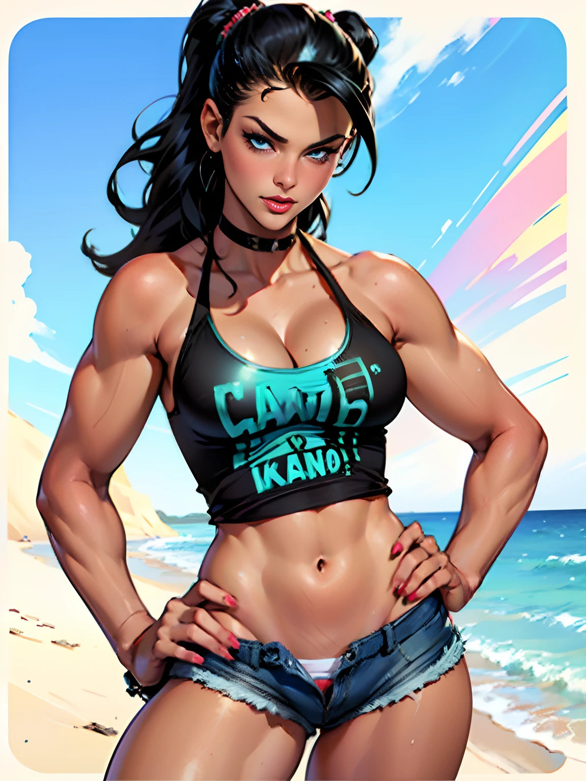 (high quality, best rendering), (beautiful girl), Blue Eyes, ((black long straight hair)),(bombshell, pin-up style), psychopath, crazy face, sexy pose, jean short shorts, tank top, pastel, centered, scale to fit dimensions, micro thong, micro bikini, camel toe