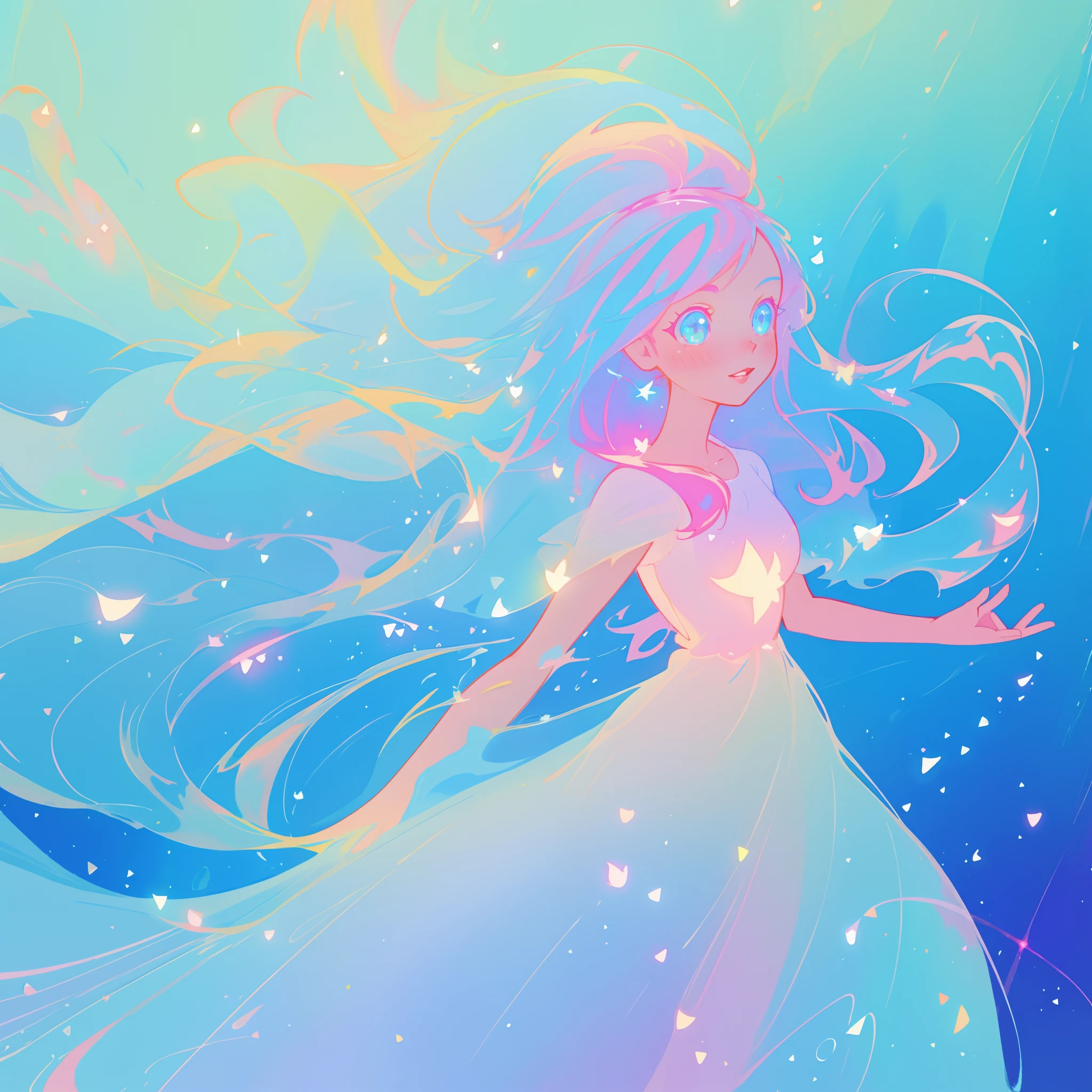 beautiful anime girl in colorful liquid dress, vibrant pastel colors, (colorful), magical lights, sparkling lines of light, inspired by Glen Keane, inspired by Lois van Baarle, disney art style, by Lois van Baarle, glowing aura around her, by Glen Keane, jen bartel, glowing lights! digital painting, flowing glowing hair, glowing flowing hair, beautiful digital illustration, fantasia background, whimsical, magical, fantasy, beautiful face, ((masterpiece, best quality)), intricate details, highly detailed, sharp focus, 8k resolution, sparkling detailed eyes, liquid watercolor