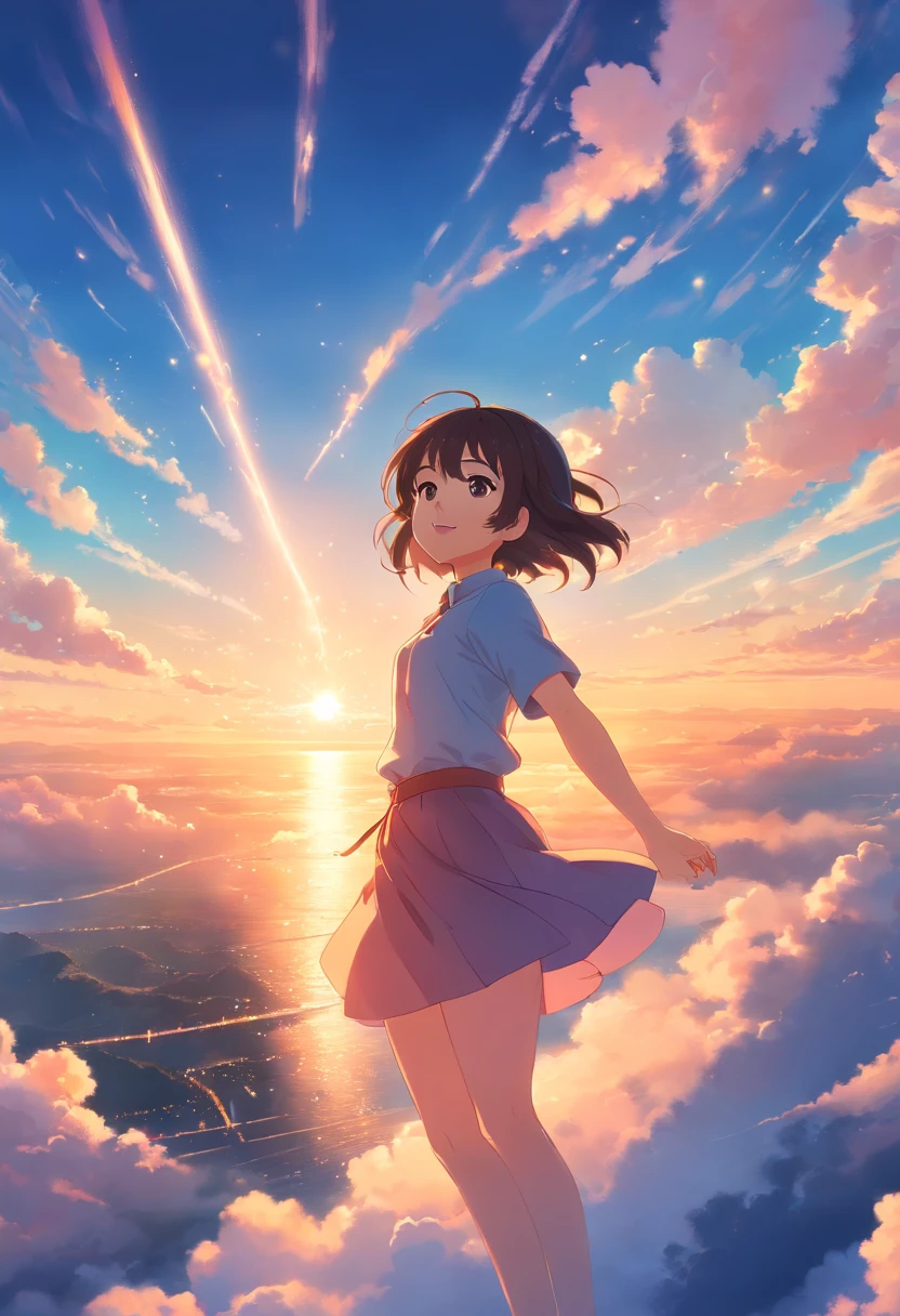 masterpiece, best quality, movie still, 1girl, cloud girl, floating in the sky, close-up, bright, happy, warm soft lighting, sunset, (sparks:0.7)