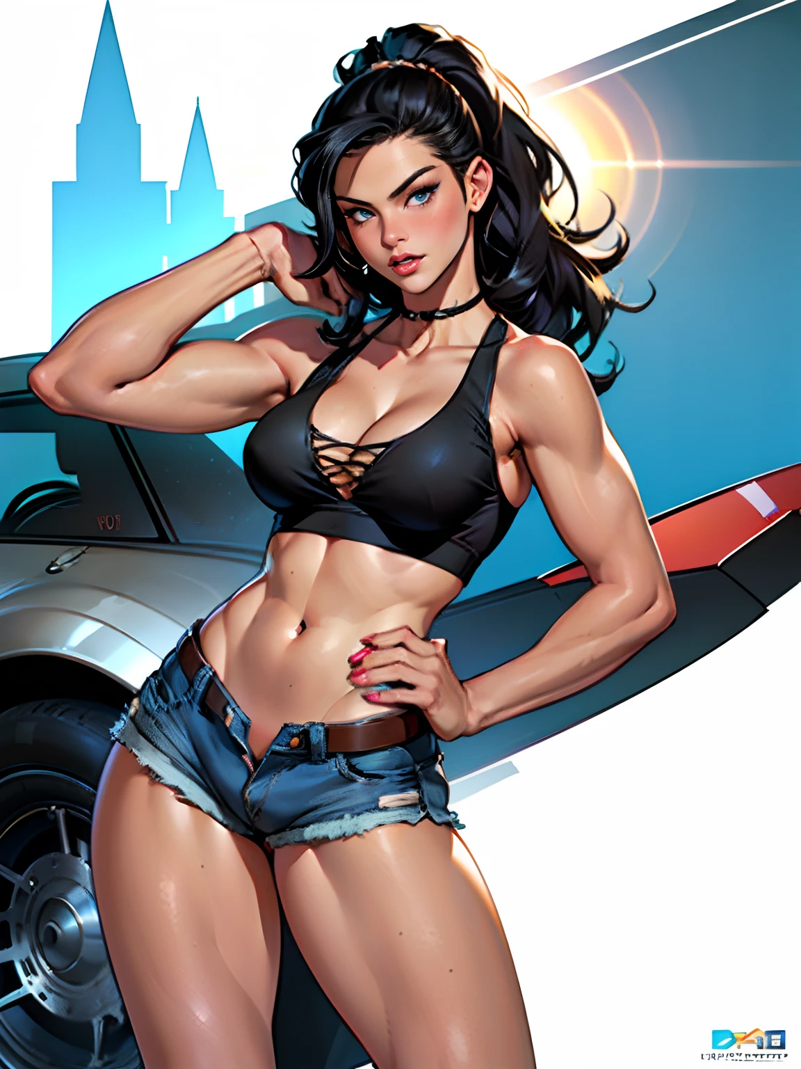(high quality, best rendering), (beautiful girl), Blue Eyes, ((black long straight hair)),(bombshell, pin-up style), psychopath, crazy face, sexy pose, jean short shorts, tank top, pastel, centered, scale to fit dimensions, micro thong, micro bikini, camel toe