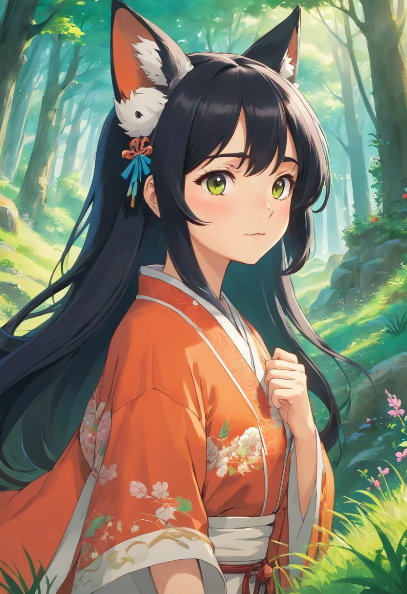 Exposure, 2-Dimensional, HD, HSV, VR, Dot, Optical Fiber, insanely detailed and intricate, hypermaximalist, elegant, ornate, hyper realistic, super detailed, A pretty anime girl, that its under the sun light in the hill, rounded by a lot of green grass, and som trees, and a bit of wind its moving her hair, she has, black hair, and fox ears, it a semi-human, semi-fox, she, its not showing too much skin, its very dresed with japanese or chainise tradicional wear,