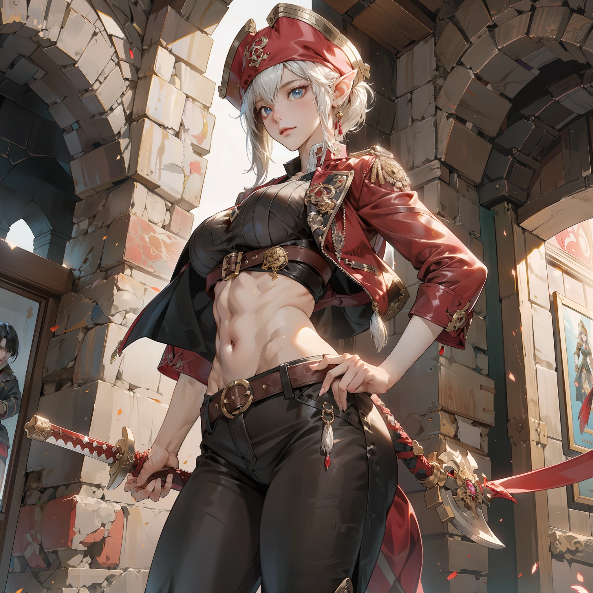 A beautiful female pirate stands in front of a large treasure chest, Female, beautiful elf race, white short hair, asymmetrical bang, insanley detailed face and eyes, Perfect lips, very beautiful and feminine, big breast, (abs: 1.3), Pirate king outfit, Black pirate hat with red feathers, Black leather jacket with gold accents, Black pants, Black boots, Large belt with sword sheath, Large black sword, (Inside the cave are various antiques, such as treasure chests, weapons, and jewelry as background), masterpiece, Aesthetic, dramatic, cinematic lighting, fine expression, fine detail, masterpiece, anime style drawing by Ayami kojima, HDR, digital art by Yusuke Murata, a digital art by Yusuke Murata.