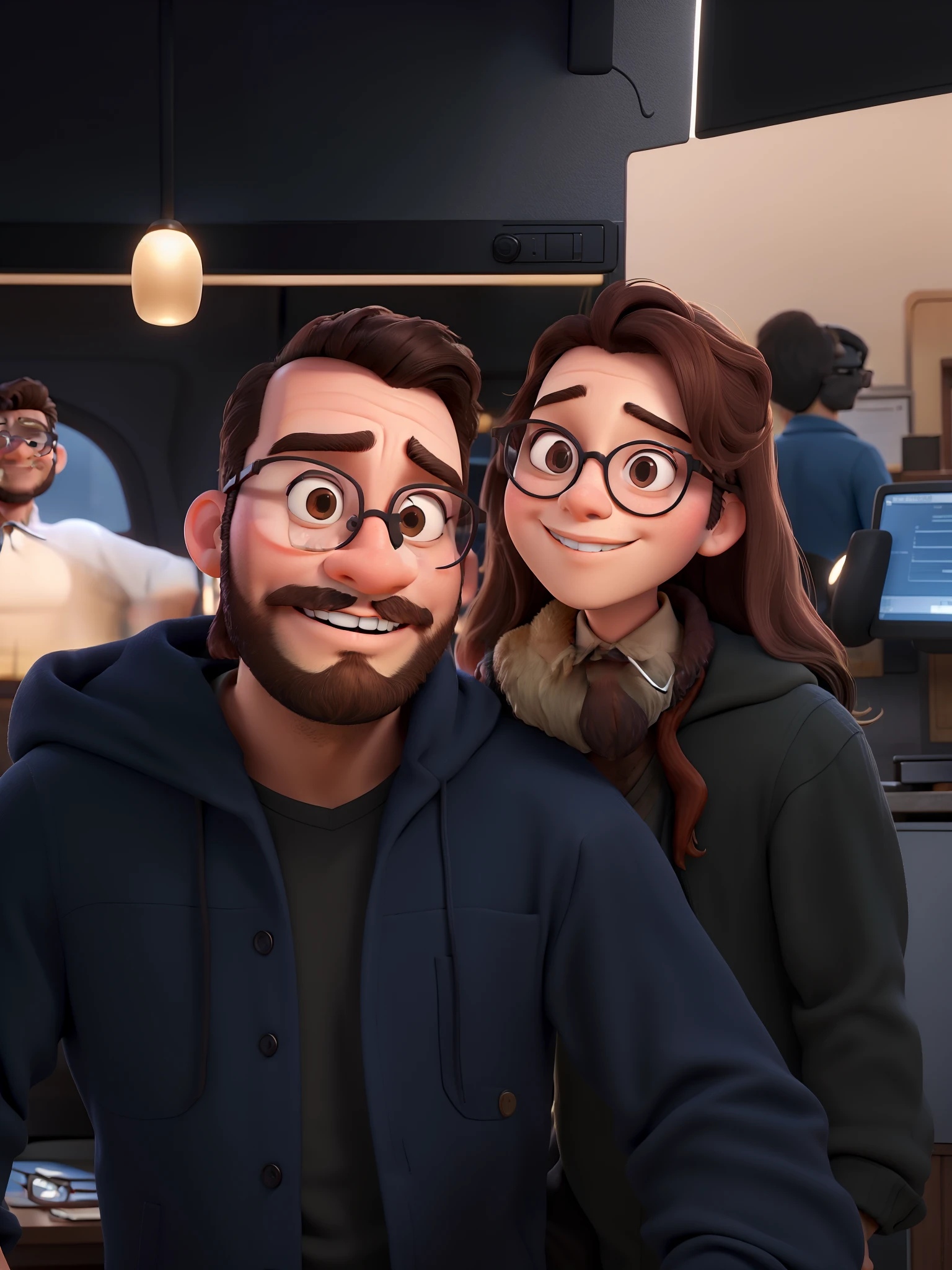 Man with small beard and woman with prescription glasses, estilo Disney Pixar, melhor qualidade, alta qualidade