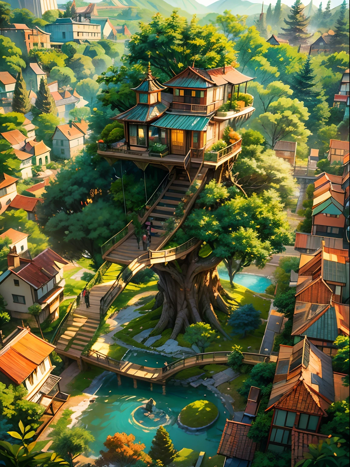 (Best Quality,4K,8K,hight resolution,masutepiece:1.2),Ultra-detailed,(Realistic,Photorealistic,Photorealsitic:1.37),A city in another world,City on the Tree,A giant world tree with a long and large vine,Large colorful houses suspended in the air by vines々,House hanging on a tree branch,Far Shot,Magical atmosphere,dreamlike landscape,Seductive colors,dazzling lights,Vivid and vivid cityscape,ethereal glow,Whimsical architecture,The impressive scale of the city,Detailed foliage of the tree,Elaborate texture of the house,Depth and dimensions of the composition,Immersive and spectacular views,Captivating setting,rich greenery,Beautifully intertwined vines,A majestic and awe-inspiring tree,A world of myths and illusions,Immerse yourself in the beauty of nature and civilization,Unforgettable and breathtaking views,Explore the secrets hidden in the treetop city.