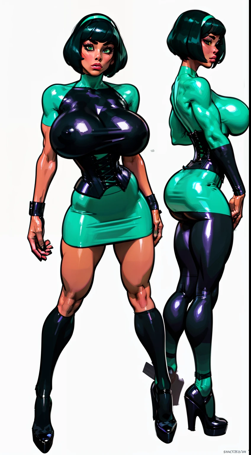 ((masterpiece)),(((best quality))),((character design sheet)), ((full body view)) illustration,1girl, muscular, ((tight mintgreen skirt:1.2)), buttercup, (mintgreen hairband),(dark black hair:1.3), greendress ((detailed face:1.4)) ((gigantic breasts:1.3)), beautiful woman, slick bobcut, (black corset:1.1)shiny skin, (thick legs), scribbles and marks, , rough sketches, pose, 8k,16k, (simple background, white background: 1.3)