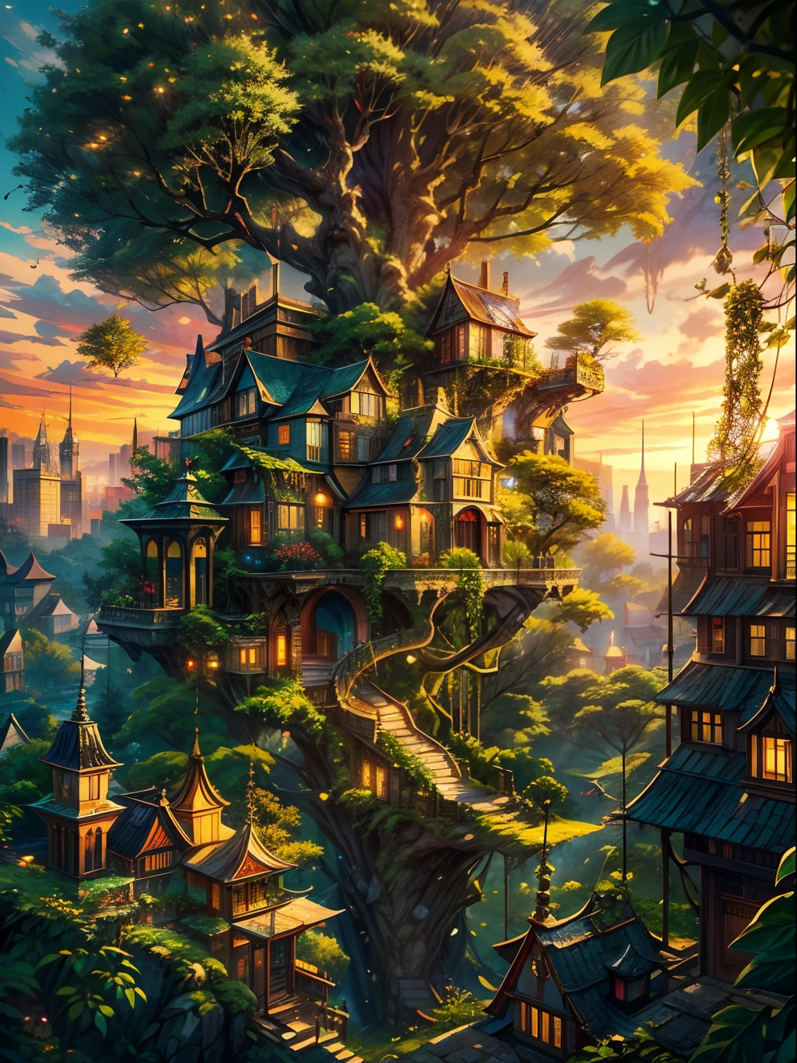 (Best Quality,4K,8K,hight resolution,masutepiece:1.2),Ultra-detailed,(Realistic,Photorealistic,Photorealsitic:1.37),A city in another world,City on the Tree,A giant world tree with a long and large vine,Large colorful houses suspended in the air by vines々,House hanging on a tree branch,Far Shot,Magical atmosphere,dreamlike landscape,Seductive colors,dazzling lights,Vivid and vivid cityscape,ethereal glow,Whimsical architecture,The impressive scale of the city,Detailed foliage of the tree,Elaborate texture of the house,Depth and dimensions of the composition,Immersive and spectacular views,Captivating setting,rich greenery,Beautifully intertwined vines,A majestic and awe-inspiring tree,A world of myths and illusions,Immerse yourself in the beauty of nature and civilization,Unforgettable and breathtaking views,Explore the secrets hidden in the treetop city.
