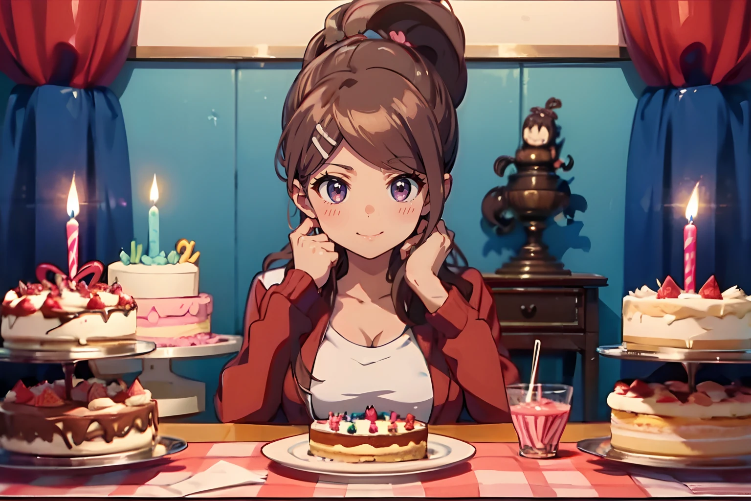 Aoi Asahina, 1girl, Cute, birthday celebration, birthday cake, blowing out candles, cute anime girl, Best quality
