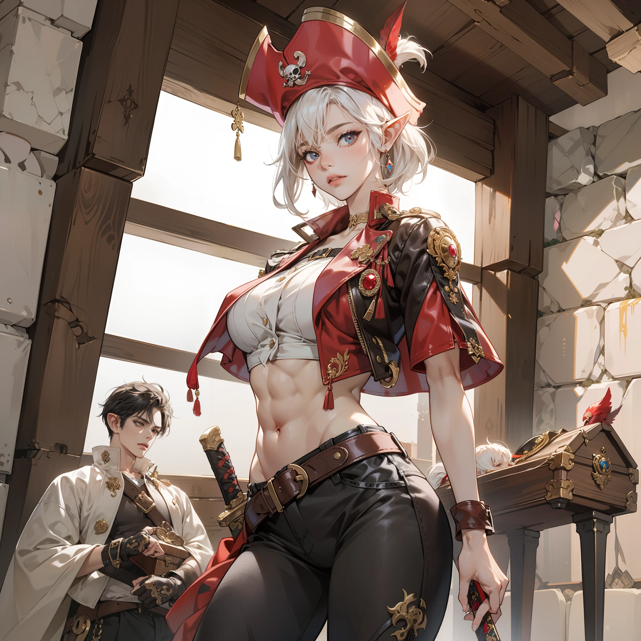 A beautiful female pirate stands in front of a large treasure chest, Female, beautiful elf race, white short hair, asymmetrical bang, insanley detailed face and eyes, Perfect lips, very beautiful and feminine, big breast, (abs: 1.3), Pirate king outfit, Black pirate hat with red feathers, Black leather jacket with gold accents, Black pants, Black boots, Large belt with sword sheath, Large black sword, (Inside the cave are various antiques, such as treasure chests, weapons, and jewelry as background), masterpiece, Aesthetic, dramatic, cinematic lighting, fine expression, fine detail, masterpiece, anime style drawing by Ayami kojima, HDR, digital art by Yusuke Murata, a digital art by Yusuke Murata.