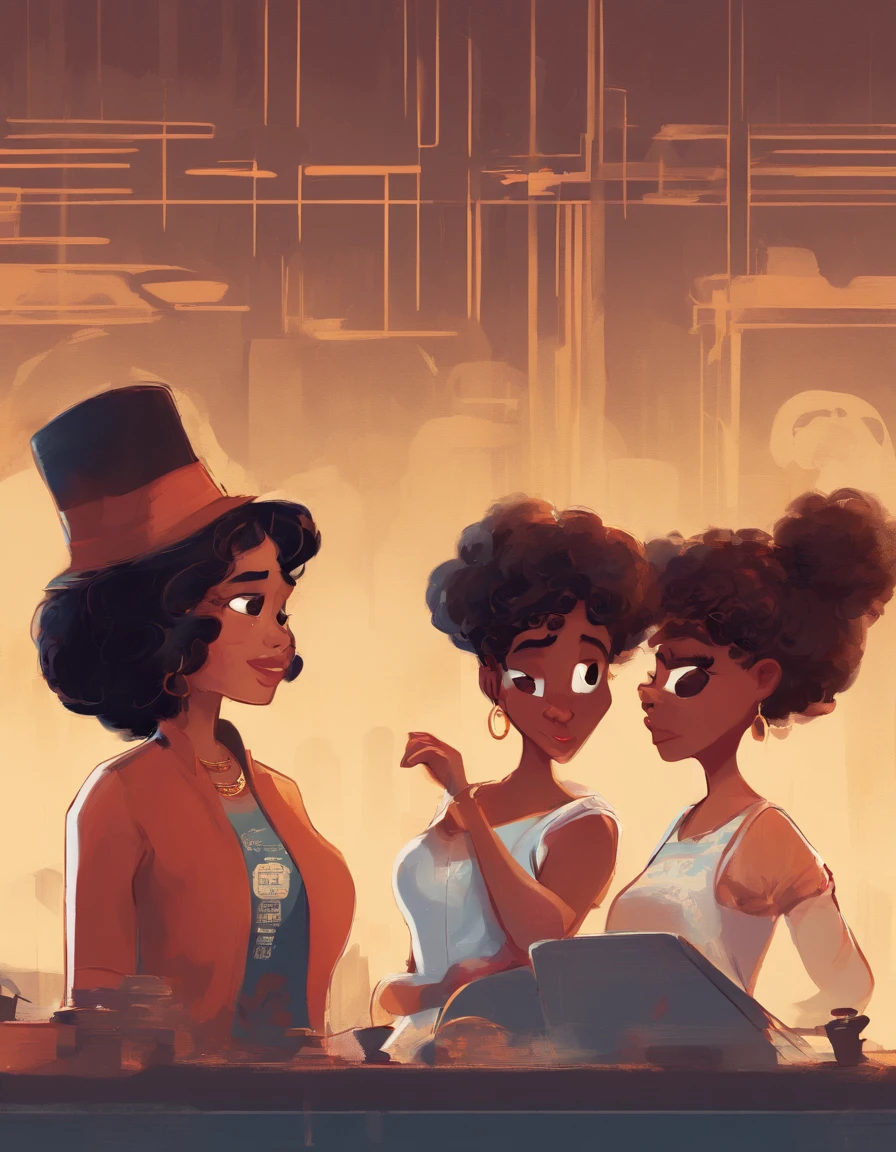 create disney pixar style poster couple of two women, one white, big black hair and bangs, brown eyes, black shirt. the other woman short curly hair, hoop earrings, brown skin, moles on her face near her eyes, short stature