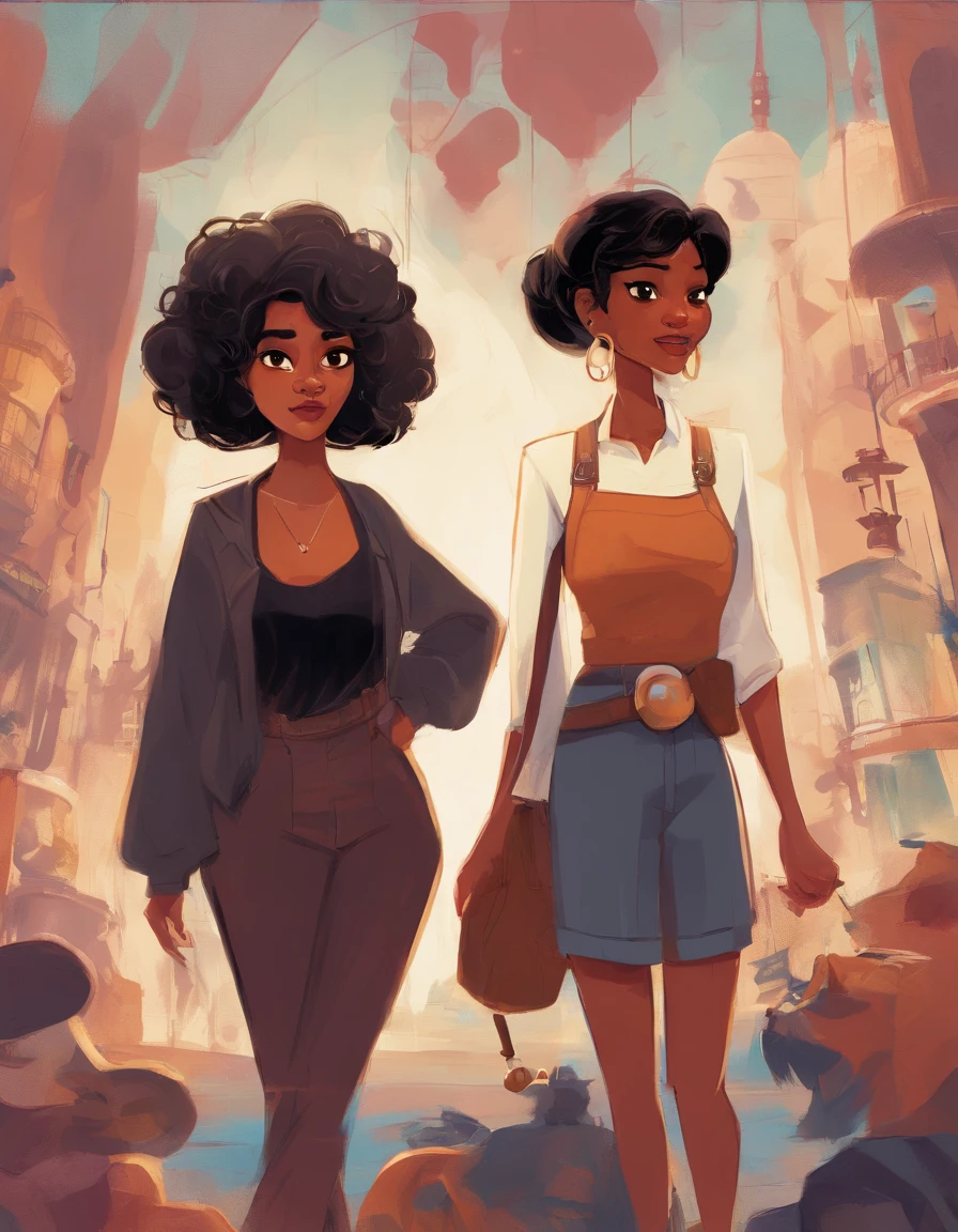 create disney pixar style poster couple of two women, one white, big black hair and bangs, brown eyes, black shirt. the other woman short curly hair, hoop earrings, brown skin, moles on her face near her eyes, short stature
