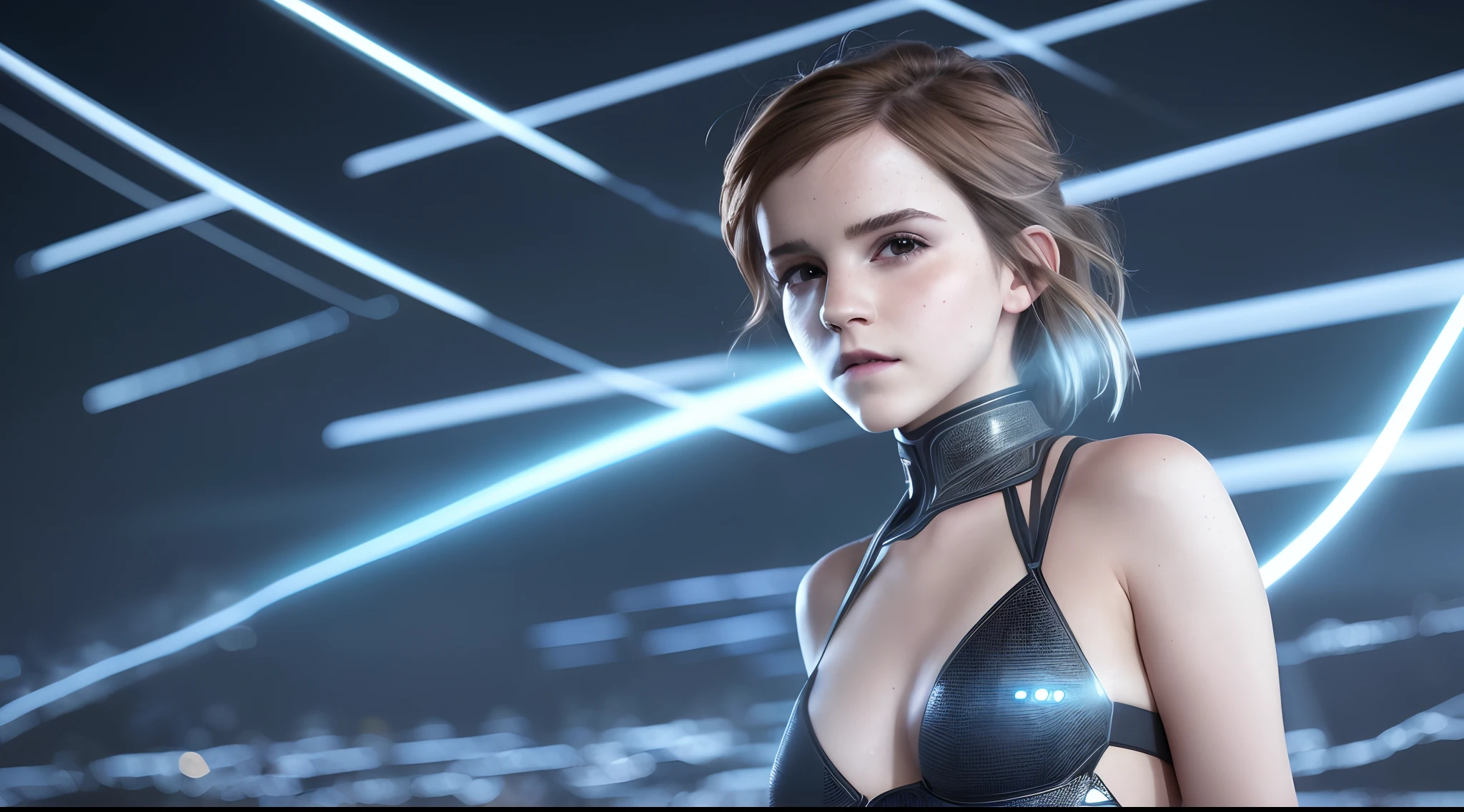 A stunningly realistic portrayal of Emma Watson. The actress is standing in a sci-fi environment, illuminated by lasers. Her gaze is sharp, echoing the intensity of the luminescent beams around her. The environment is filled with hues of blue and silver, a stark contrast to the more earthly tones of her auburn hair and fair skin. In the background, the intricate geometrical pattern of laser lights flares, creating an atmospheric glow that outlines her silhouette. Insinuations of a futuristic cityscape create a stunning backdrop. The overall mood of the scene is intense and mystifying, creating an ambience of high-tech futurism. Photographed using the Leica SL2 due to its sharp detail rendering and video capabilities which would capture the sci-fi theme perfectly. Use an aperture of f/2.8 to keep the focus on Emma, with a moderately shallow depth of field that blurs the lasers slightly, enhancing their luminescence. Utilize split lighting to get that half-face shadow effect, adding to the drama and detail of the composition