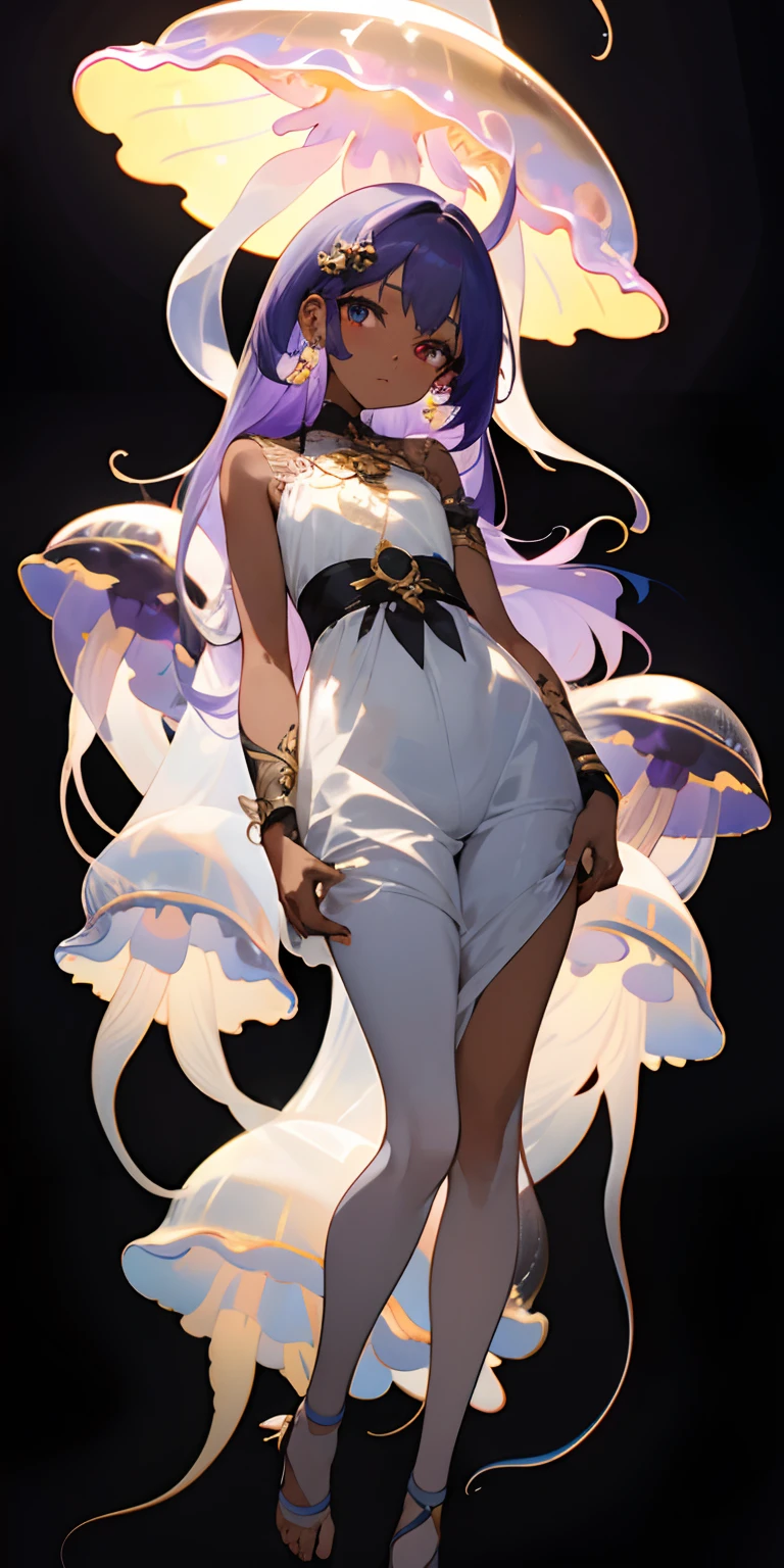 (masterpiece, best quality), 1 girl, ((jellyfish costume)), character focus, close to viewer, full body, high resolution, anime visual, ((masterpiece)), ((top-quality)), (beautiful illustration), ((an extremely delicate and beautiful)), best quality, symbol-shaped pupils, long hair, fluffy bangs, unique hair style, jellyfish hair clips, long hair tie, ((masterpiece)), feminine, bright purple hair, blue streaks in hair, dark-skinned, black girl, person of color, bright eyes, cute expression, anime, golden ratio, intricate detail, 8k post production, high resolution, sharp focus, intricate detail, highly detailed, anime, Black clothes, black girl, dark skin color, dark skin, brown skin, cute expression, anime, superhero, jellyfish earrings