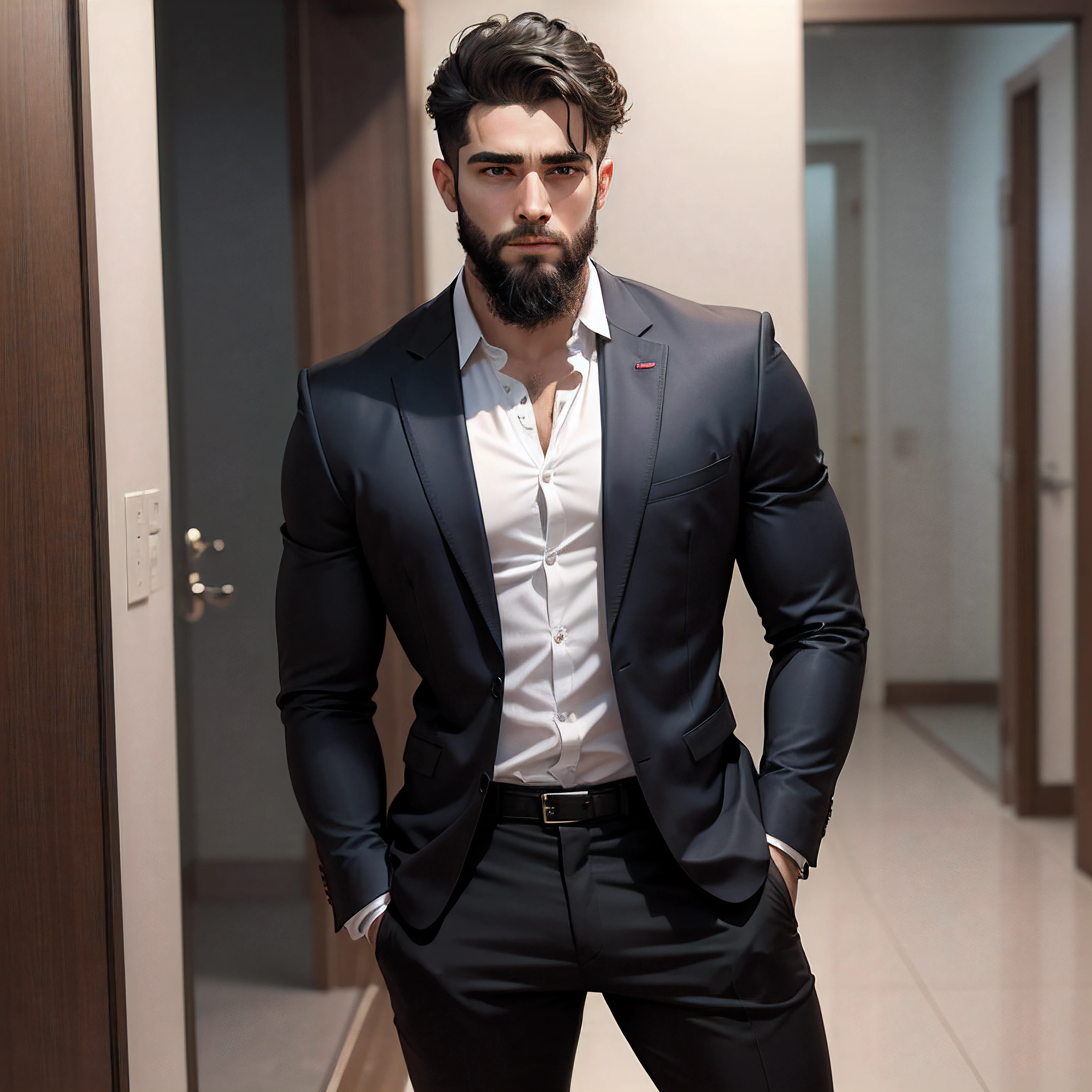Um jovem bem vestido, corpo atletico, usando terno preto, de barba e cavanahque preta, olhar sensual, Holding a brain in his left hand.