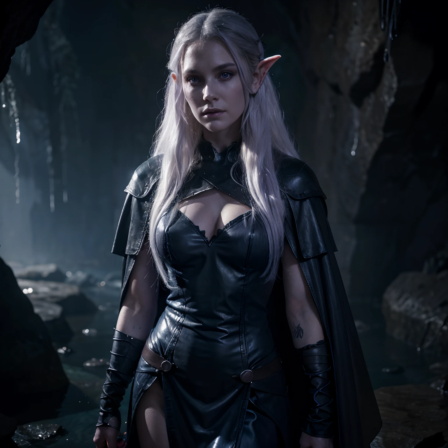 (best quality,highres:1.2),(realistic:1.37),dungeons and dragons drow,detailed face,long white hair,piercing lilac eyes,pointed ears,ethereal and mysterious atmosphere,elven-like features,female warrior dressed in black leather armor and cloak,holding a deadly dual-bladed sword,tattoos on her arms depicting intricate spider webs,standing in a dimly lit underground cavern,illuminated by a single magical blue crystal,casting eerie shadows on the damp stone walls,distant sounds of dripping water echoing through the cavern,the air filled with a sense of danger and anticipation,subtle purple and blue color palette,evoking a sense of otherworldliness,A world of myths and magic.