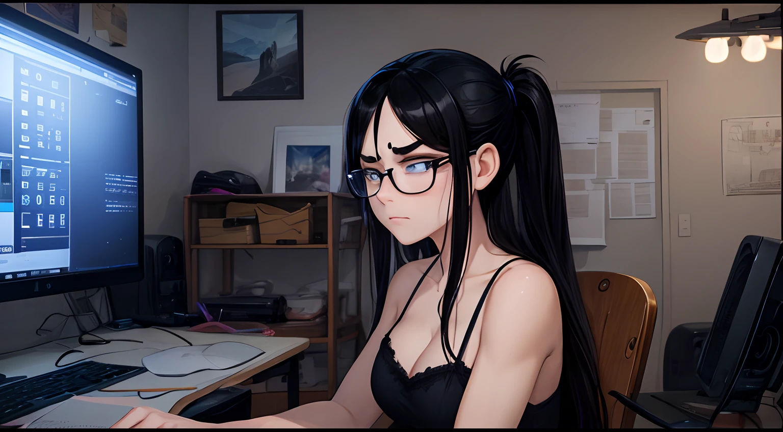 volumetric lighting, highres, masterpiece, 8k, (dark blue eyes with dark circles), tired, annoyed expression, sitting at a desk in front of a laptop computer, black hair, (messy hair), long greasy hair, sweaty, disheveled, unwashed, thick eyebrows, worn dirty camisole, (wearing glasses), wearing headphones, (dark messy bedroom), multiple tangled black electrical cables, led lights, plushies, nighttime