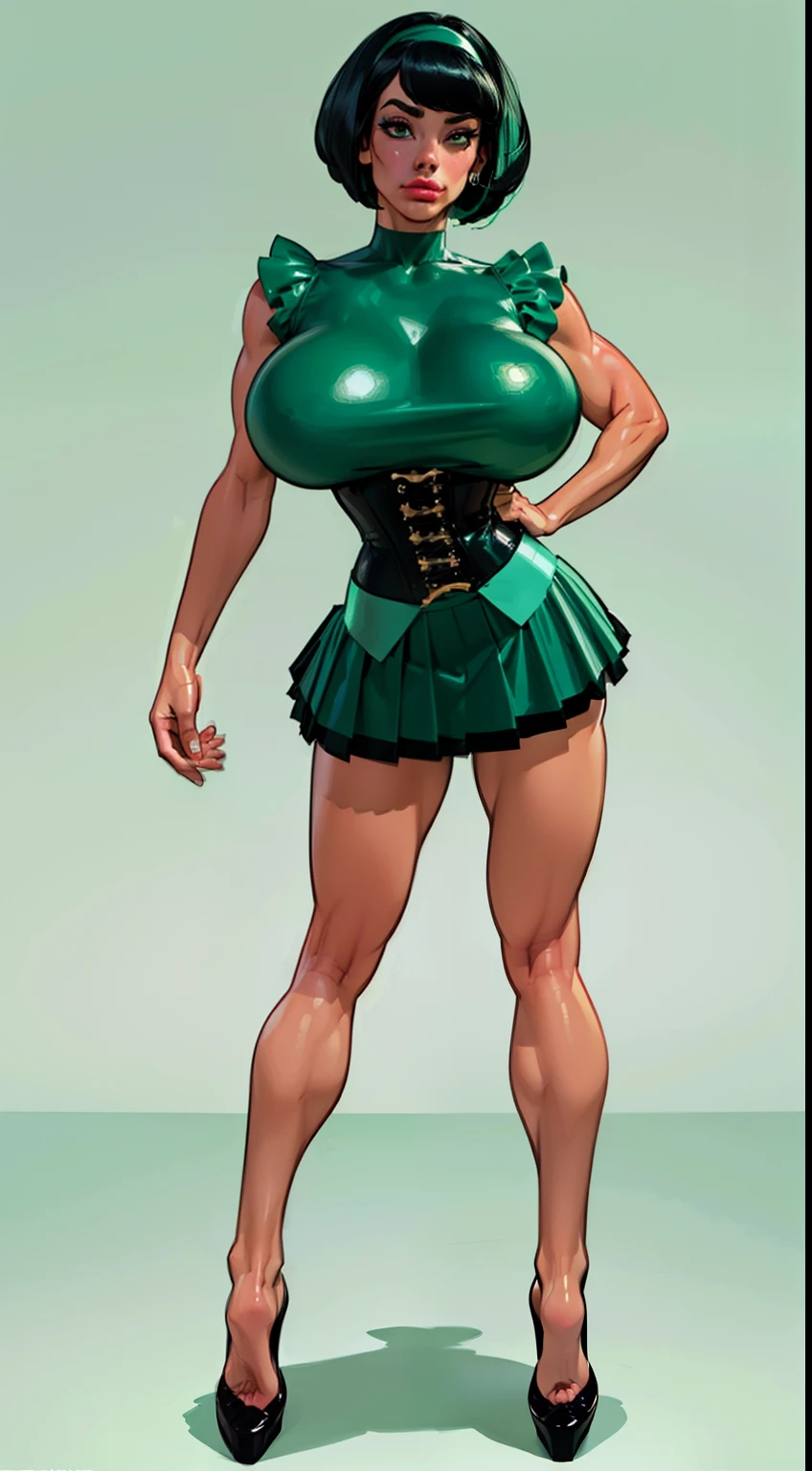 ((masterpiece)),(((best quality))),((character design sheet)), ((full body view)) illustration,1girl, muscular, ((tight mintgreen skirt:1.2)), buttercup, (mintgreen hairband),(dark black hair:1.3), greendress ((detailed face:1.4)) ((gigantic breasts:1.3)), beautiful woman, slick bobcut, (black corset:1.1)shiny skin, (thick legs), scribbles and marks, , rough sketches, pose, 8k,16k, (simple background, white background: 1.3)