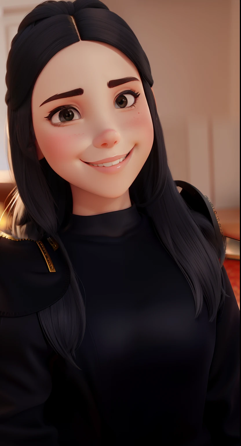 A beautiful girl with white skin, sorridente, cabelo preto comprido, vestindo uma blusa preta