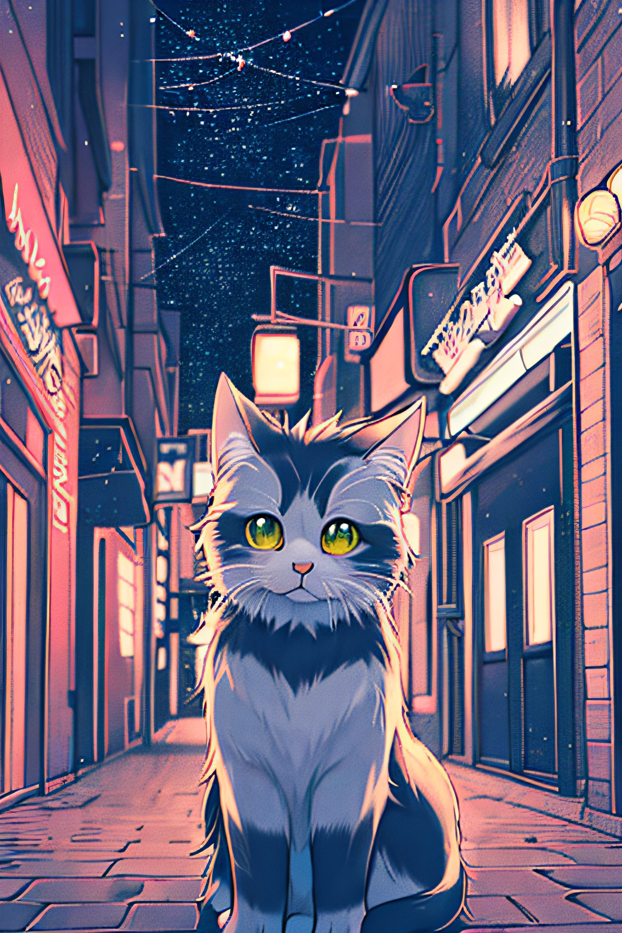 Portrait, cute cat puppy wearing sheep clothes, low light, grumpy, in a city at night neon 8k