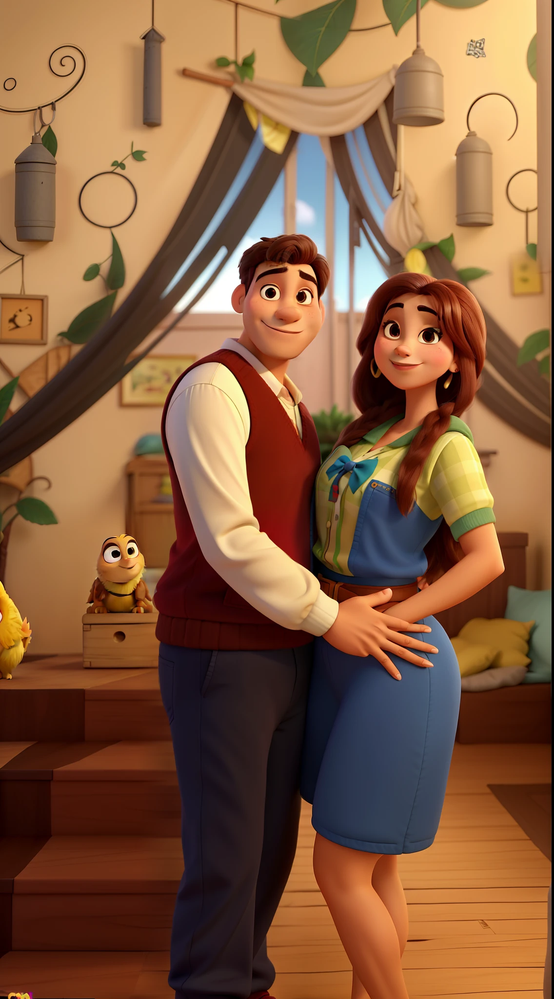 Casal, homem e mulher, felizes e magros, estilo disney pixar, ao fundo lindas cachoeiras alta qualidade, melhor qualidade