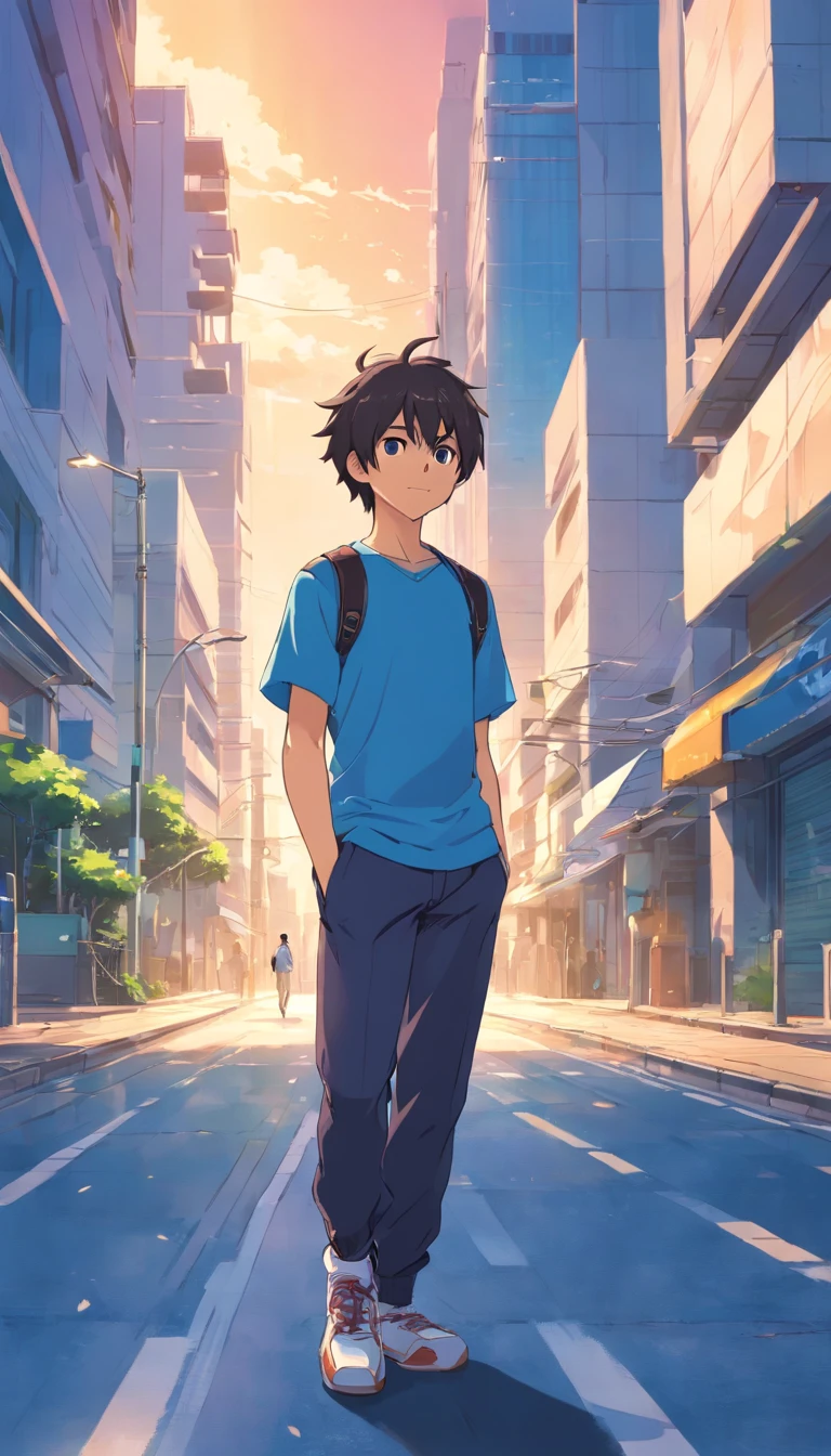 Menino, sexo masculino, 15 anos, muito feliz, grande sorrindo e fazendo thumbs up com as duas maos, cabelo preto curto partido de lado, Wearing a blue t-shirt and black pants, sneakers Nike, master part,melhor qualidade, ultra high-resolution, background city of Águas Claras - Brasília, profundidade de campo.