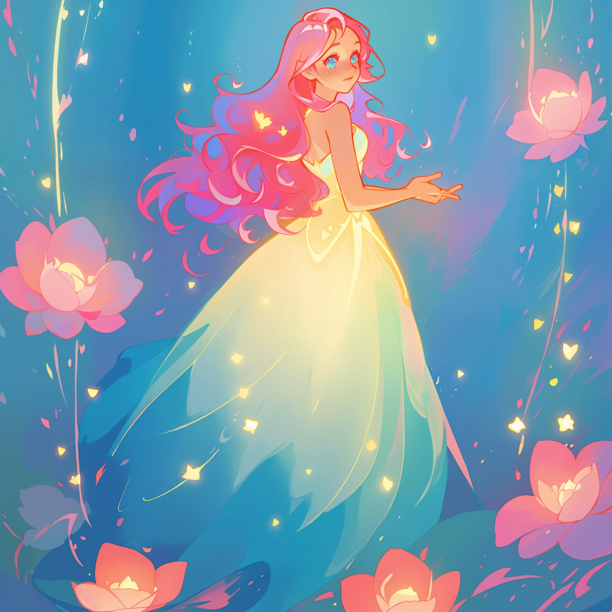 beautiful girl in flowing gradient layered ballgown, flowing pink hair, blue watercolor background, glowing lights and red flowers border, whimsical fantasia and flowers background, vibrant pastel colors, (colorful), magical lights, magical flowers, flowers, glowing lights, red pink long wavy hair, sparkling lines of light, inspired by Glen Keane, inspired by Lois van Baarle, disney art style, by Lois van Baarle, glowing aura around her, by Glen Keane, jen bartel, glowing lights! digital painting, flowing glowing hair, glowing flowing hair, beautiful digital illustration, fantasia background, whimsical, magical, fantasy, beautiful face, ((masterpiece, best quality)), intricate details, highly detailed, sharp focus, 8k resolution, sparkling detailed eyes, liquid watercolor
