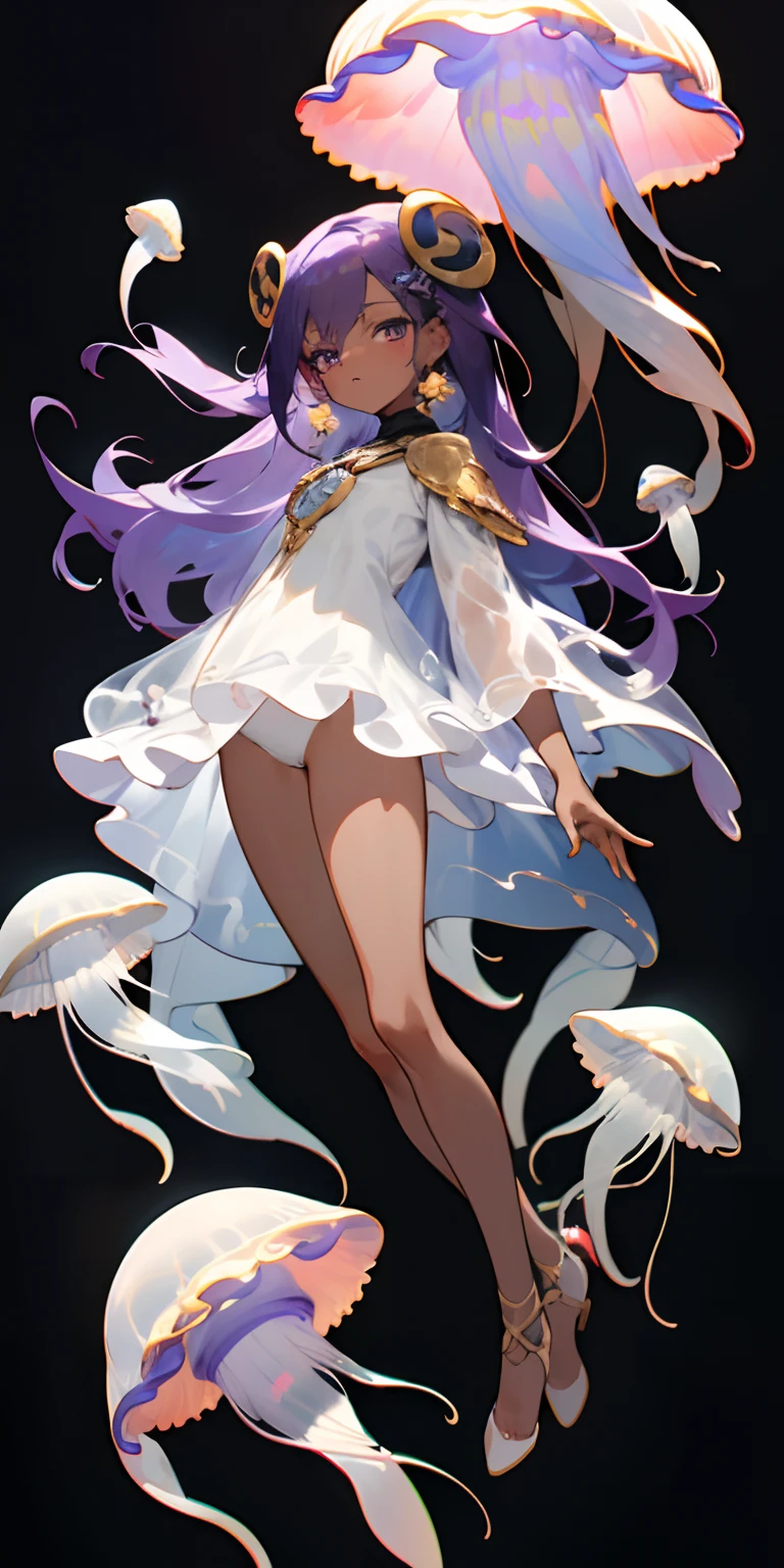 (masterpiece, best quality), 1 girl, ((jellyfish costume)), character focus, close to viewer, full body, high resolution, anime visual, ((masterpiece)), ((top-quality)), (beautiful illustration), ((an extremely delicate and beautiful)), best quality, symbol-shaped pupils, long hair, fluffy bangs, unique hair style, jellyfish hair clips, long hair tie, ((masterpiece)), feminine, bright purple hair, blue streaks in hair, dark-skinned, black girl, person of color, bright eyes, cute expression, anime, golden ratio, intricate detail, 8k post production, high resolution, sharp focus, intricate detail, highly detailed, anime, Black clothes, black girl, dark skin color, dark skin, brown skin, cute expression, anime, superhero, jellyfish earrings, jellyfish inspired hero costume, masked, masked hero, masked face.