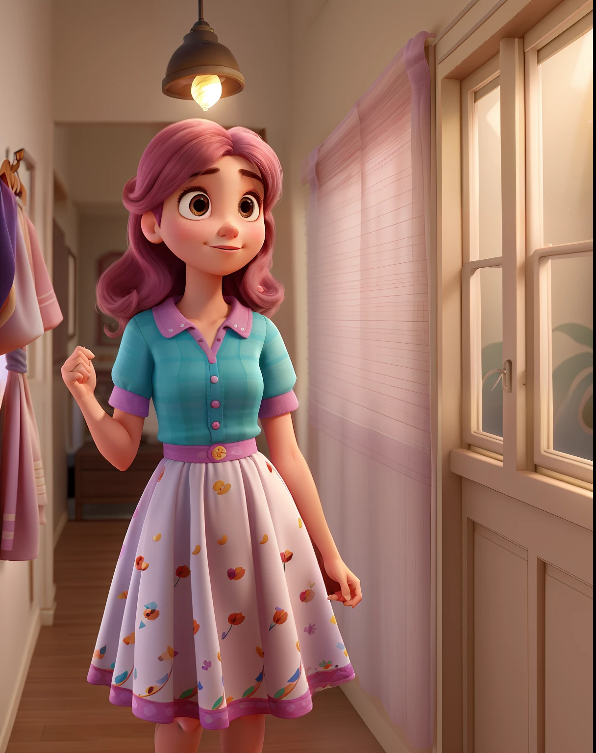 Imagem estilo PIXAR, Uma jovem mulher branca, vestido rosa, com cabelos castanhos, cabelos longos, Standing in front, illuminated by the light of a lamp, contra o pano de fundo da Disney
