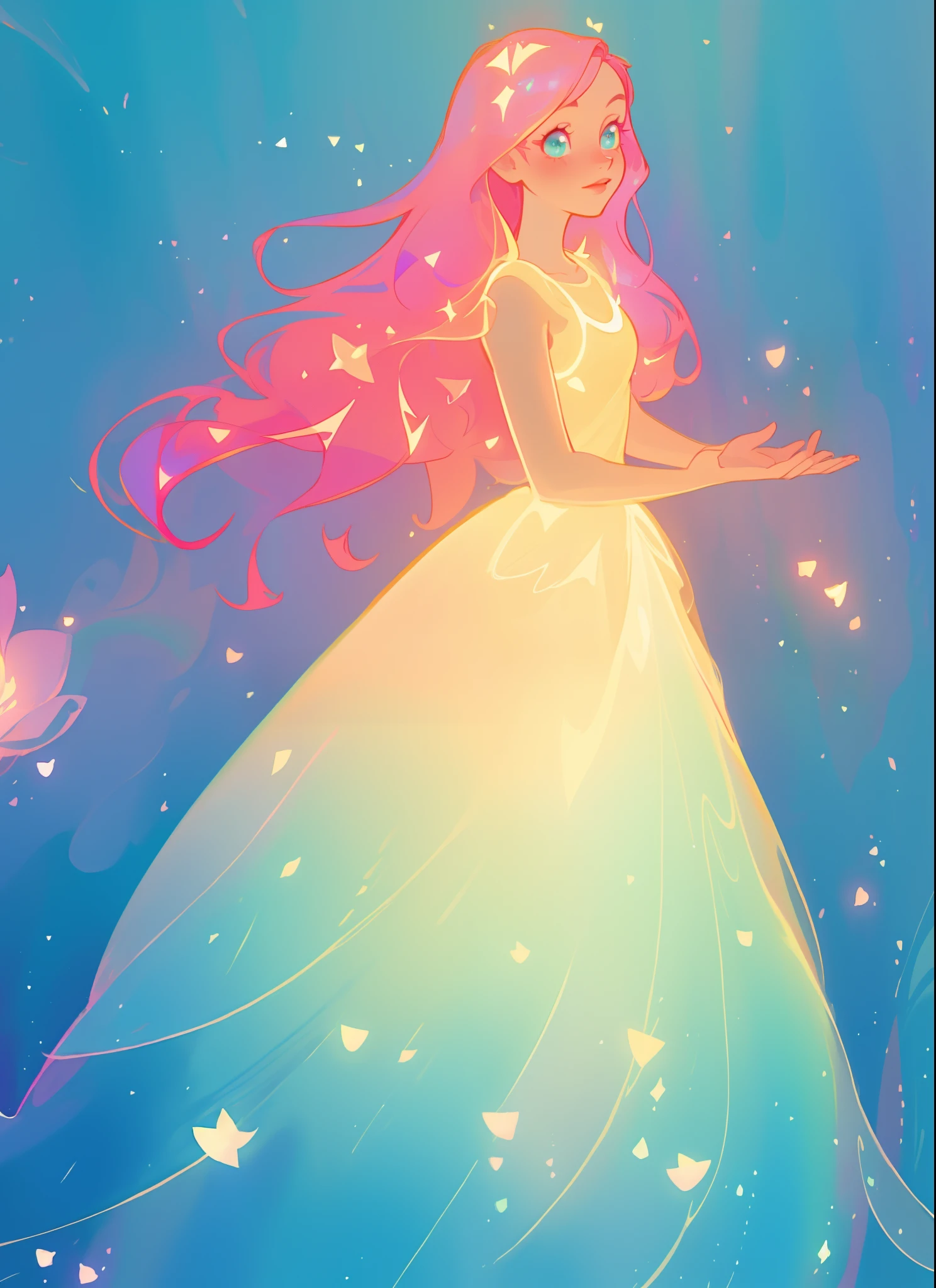beautiful girl in flowing gradient layered ballgown, flowing pink hair, sparkling gold aqua blue gradient dress, whimsical fantasia and flowers background, vibrant pastel colors, (colorful), magical lights, magical flowers, flowers, glowing lights, red pink long wavy hair, sparkling lines of light, inspired by Glen Keane, inspired by Lois van Baarle, disney art style, by Lois van Baarle, glowing aura around her, by Glen Keane, jen bartel, glowing lights! digital painting, flowing glowing hair, glowing flowing hair, beautiful digital illustration, fantasia background, whimsical, magical, fantasy, beautiful face, ((masterpiece, best quality)), intricate details, highly detailed, sharp focus, 8k resolution, sparkling detailed eyes, liquid watercolor