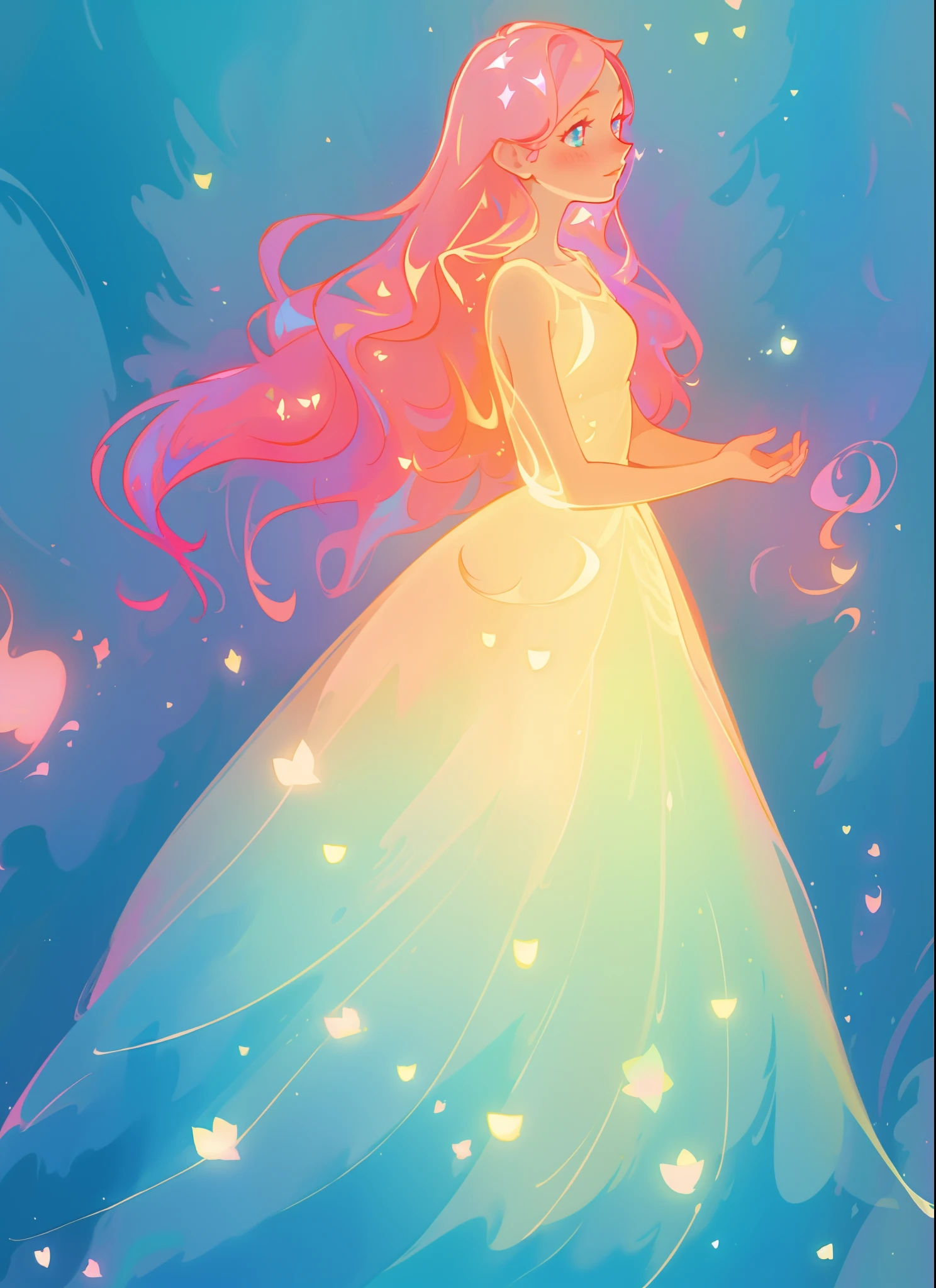 beautiful girl in flowing gradient layered ballgown, flowing pink hair, sparkling gold aqua blue gradient dress, whimsical fantasia and flowers background, vibrant pastel colors, (colorful), magical lights, magical flowers, flowers, glowing lights, red pink long wavy hair, sparkling lines of light, inspired by Glen Keane, inspired by Lois van Baarle, disney art style, by Lois van Baarle, glowing aura around her, by Glen Keane, jen bartel, glowing lights! digital painting, flowing glowing hair, glowing flowing hair, beautiful digital illustration, fantasia background, whimsical, magical, fantasy, beautiful face, ((masterpiece, best quality)), intricate details, highly detailed, sharp focus, 8k resolution, sparkling detailed eyes, liquid watercolor