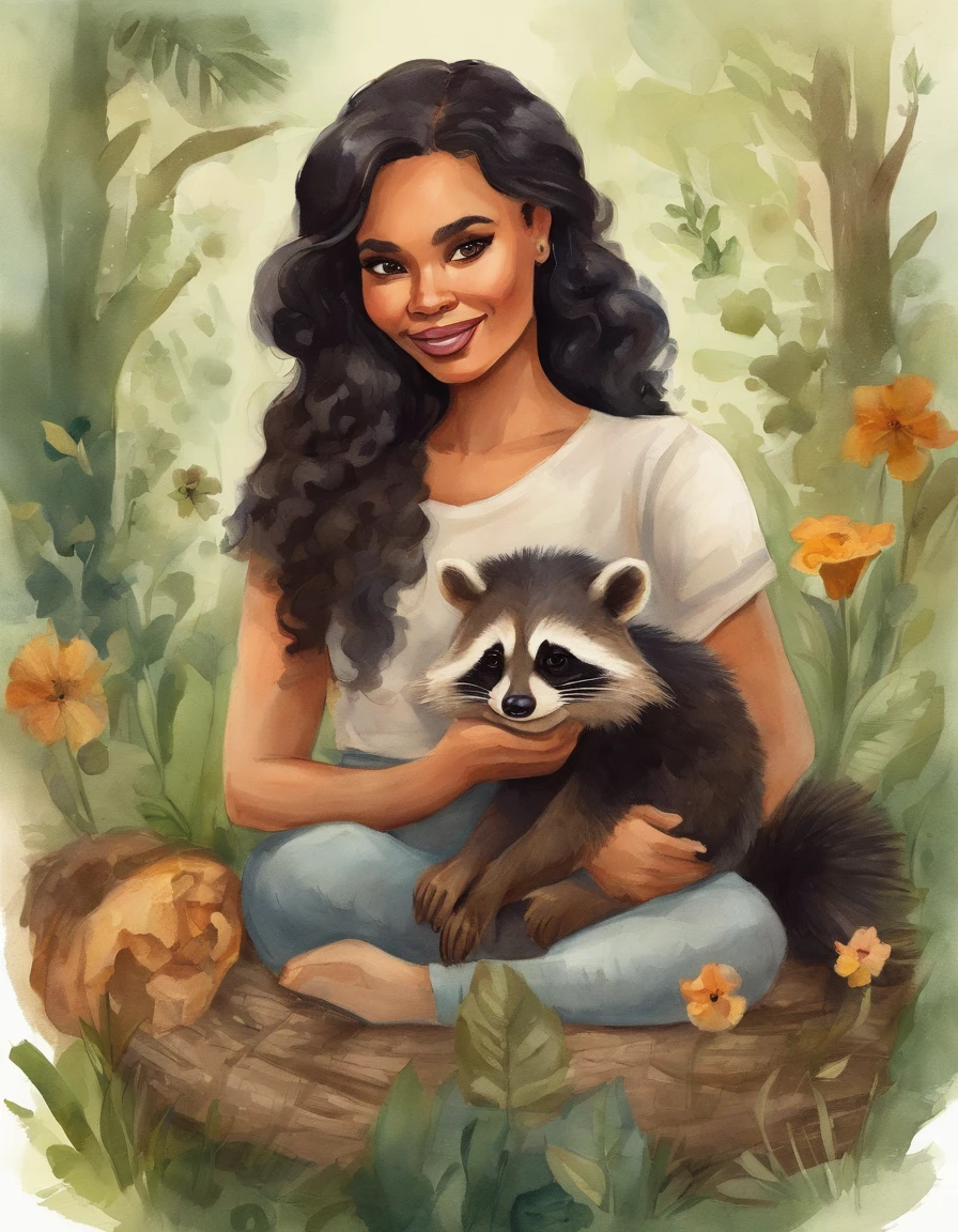 create a Disney Pixar style poster couple of two women, one white, big black hair and bangs, brown eyes, black shirt holding a raccoon. the other woman has short, curly hair tied into a bun, hoop earrings, dark skin, painted face near her eyes, short stature and round glasses holding a little frog