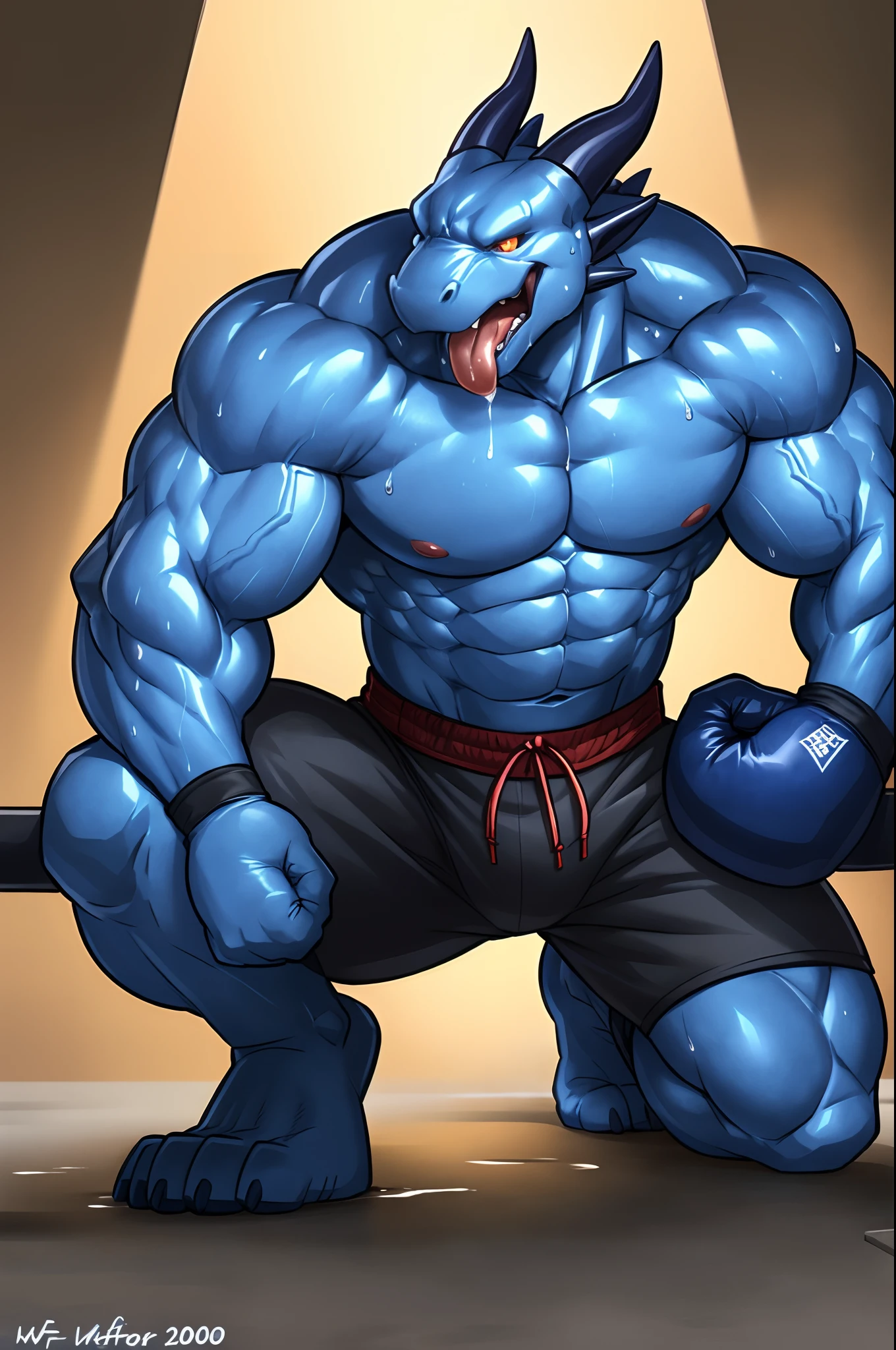 ((solo) full height):1, (anthro) blue dragon, lora, adult, mature, masculine, slim:1.2, skinny:1.2, tall:1, (correct anatomy:1.2), vascular veins, (correct proportions:1.3), topless, (shirtless, bare paws, boxing gloves, black sweatpants), ultradetailed, (by wfa:1.2), (by takemoto_arashi, by vorusuarts, by Traver009:1, by grimfaust:1), natural lighting ((boxing ring):2.4 background), (sweat:1.4, wet:1.6), (lots of sweat flowing down) exhausted, dragon head ((open:1 eyes, detailed):1.2), open mouth (steaming breath:1.2, drooling, dripping saliva, thick drool) tongue sticking out, (serious:1.4) expression), in pain, fallen down, kneeling on one knee:1, one knee up, collapsed, arms down, arms lowered