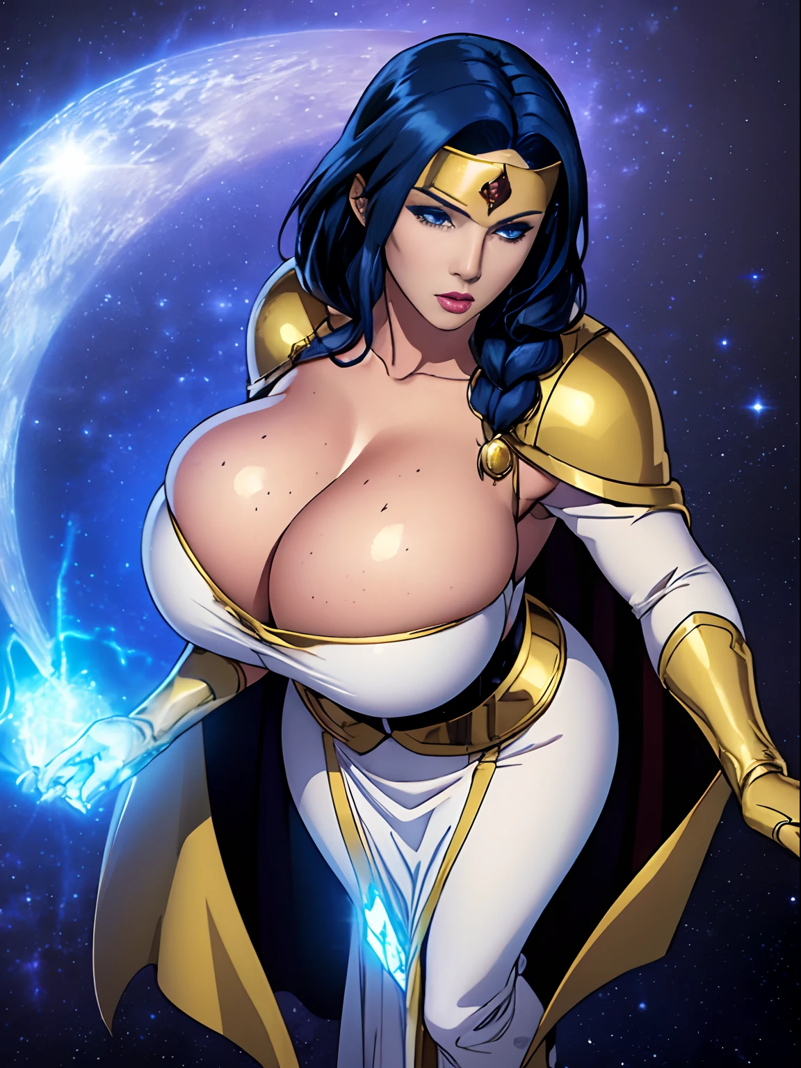 (masterpiece, top quality, best quality, official art, beautiful and aesthetic:1.2), (1girl:1.3), dark blue hair in braid, extremely detailed, portrait, looking at viewer, solo, (full body:0.6), detailed background, close up, (cool science fiction space theme:1.1), ((((blue skin)))), extremely busty sorceress, charlatan, mysterious, casting spells in space, four arms, revealing white and gold robes, fingerless gloves, long gloves, glowing magical energy, blindfold, elaborate headdress, golden ceremonial halo, sheer white fabric, elegant robes, skirts, streamers, cowl, cape, sandals, bracers, ((((gigantic breasts, cleavage, skindentation)))), slim waist, slim hips, long legs, athletic, SPACE, futuristic moon, (space exterior:1.1) background, dark mysterious lighting, shadows, magical atmosphere, dutch angle
