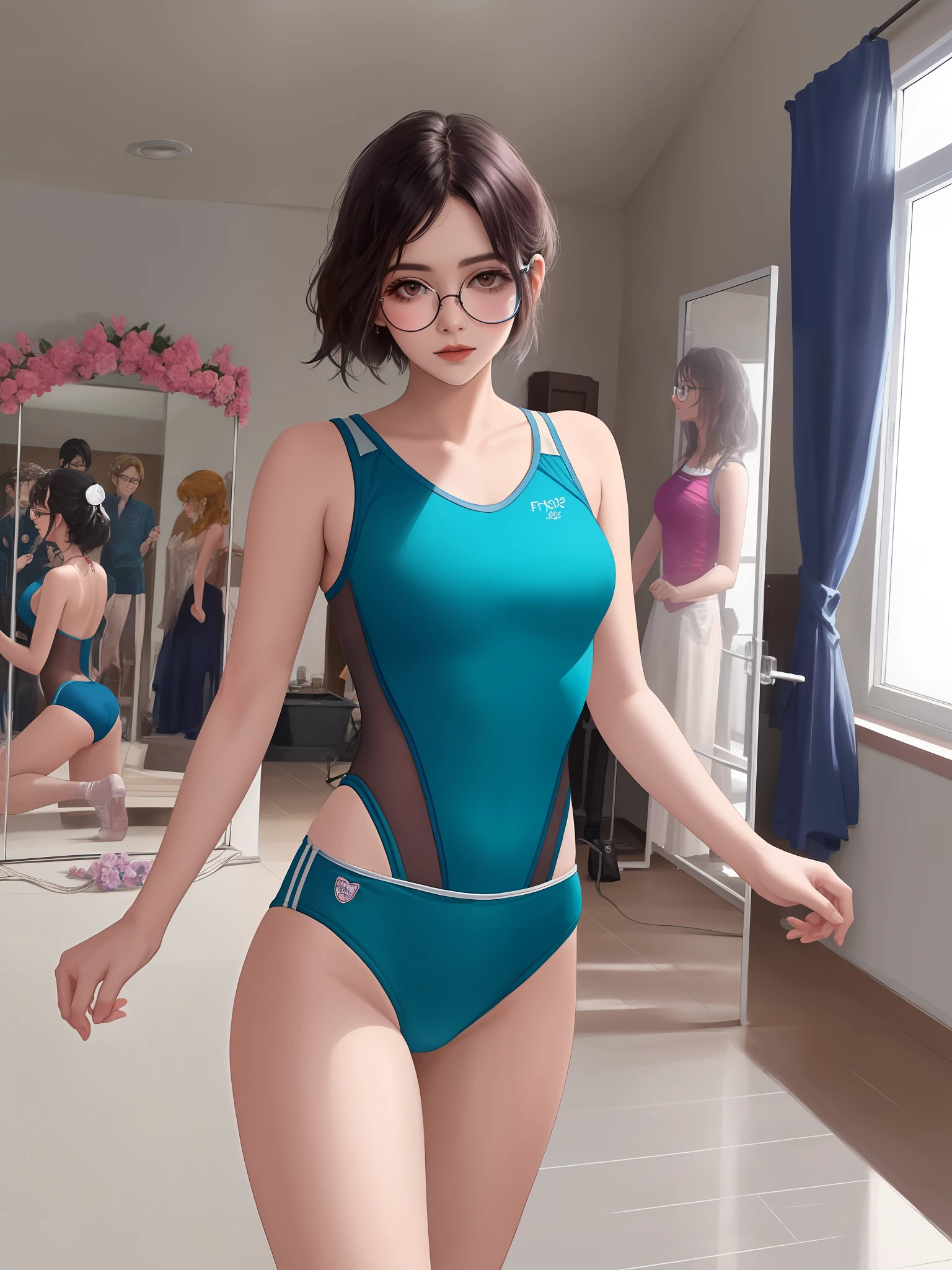 Imagem inspirada na Pixar mulher brasileira de 32 anos cabelos ondulados castanhos na altura do peito. Slender body wears thin glasses works with dance. Usa roupa de academia com a marca da fitdance. Background with dance room.