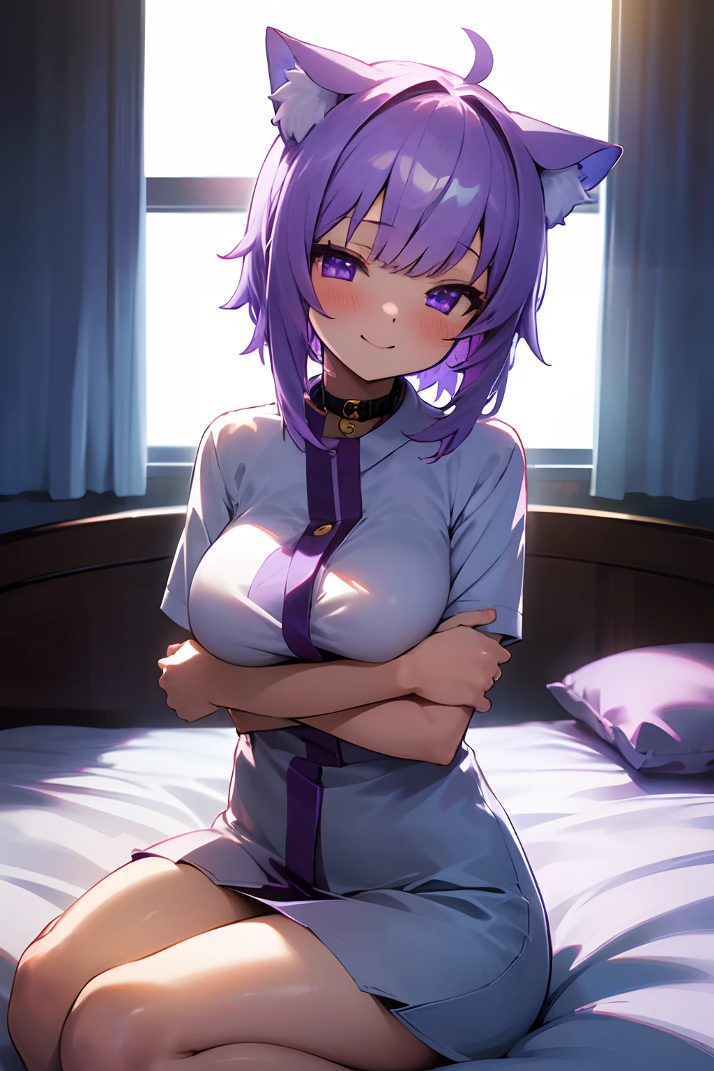 (人物: Nekomata okayu), ((Masterpiece)), (Professional Photography:1.2), (High Definition:1.3), from front, 8k, best quality, highres, Textured skin, cinematic lighting, original,1girl, solo, put on cat ears, blush, smile, cute sitting on bed, twilight hotel room, sexy atmosphere, (place hands on breast)