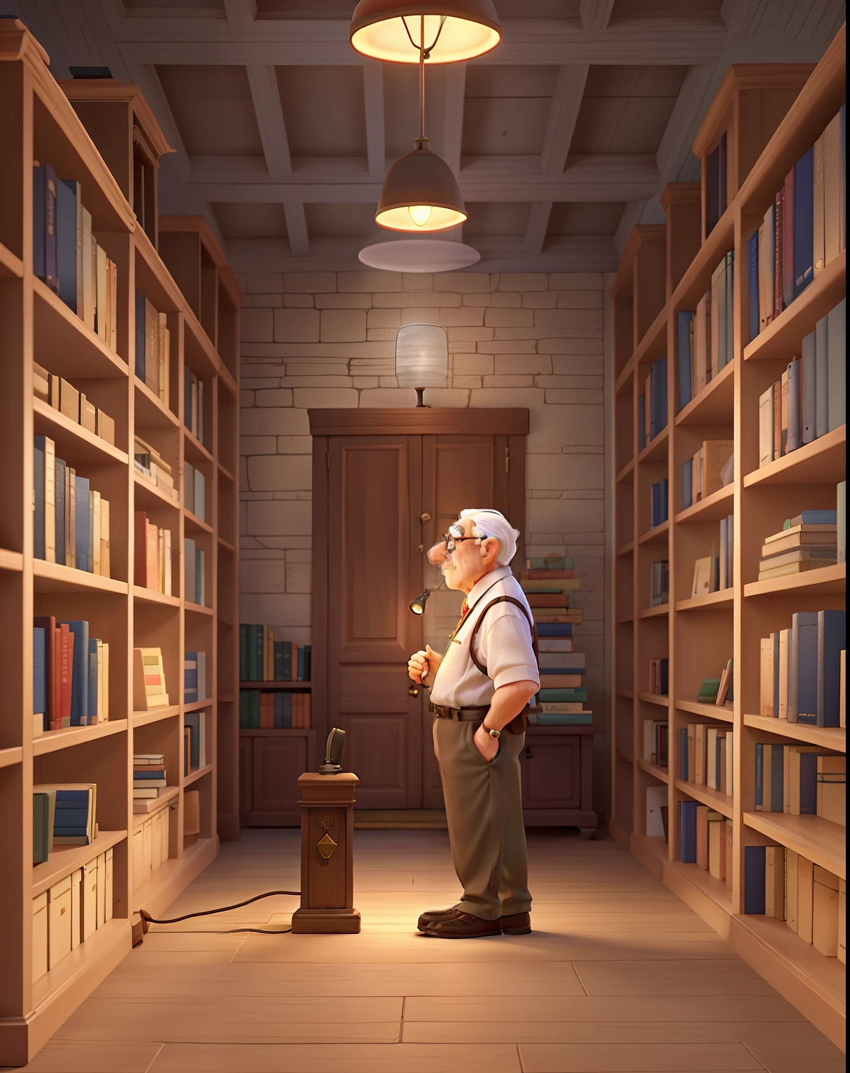 A wise old man standing in front, illuminated by the light of a lamp, against the backdrop of a library