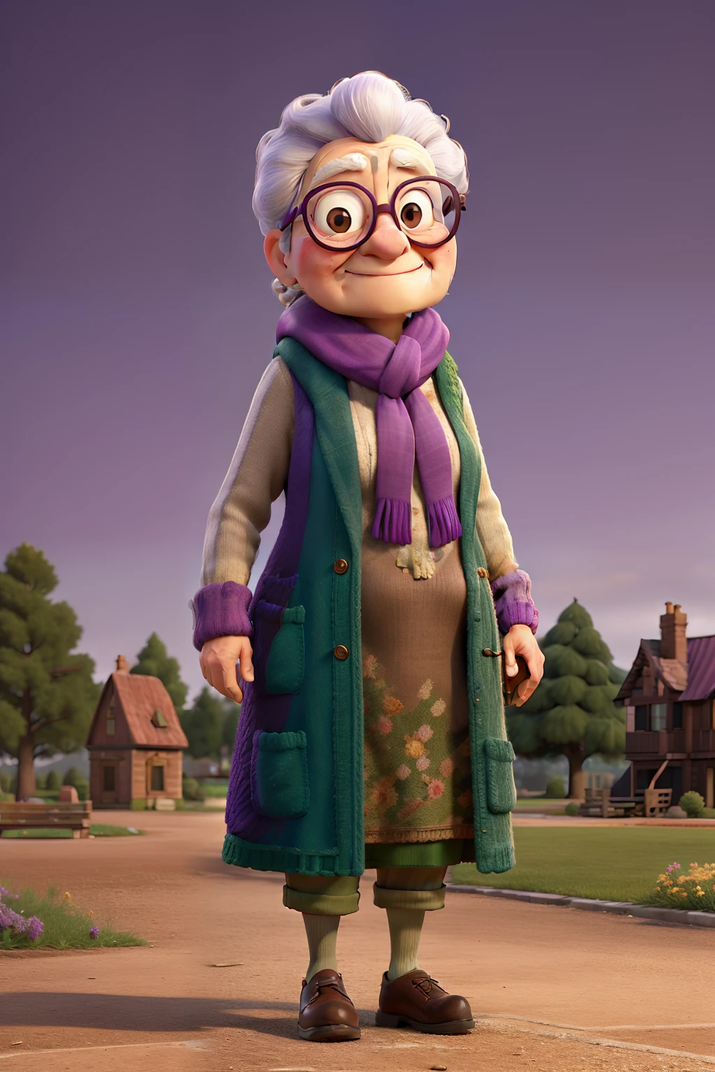 masterpiece, best quality, an old woman with glasses and a scarf on, wearing a purple coat and green scarf, standing at the park