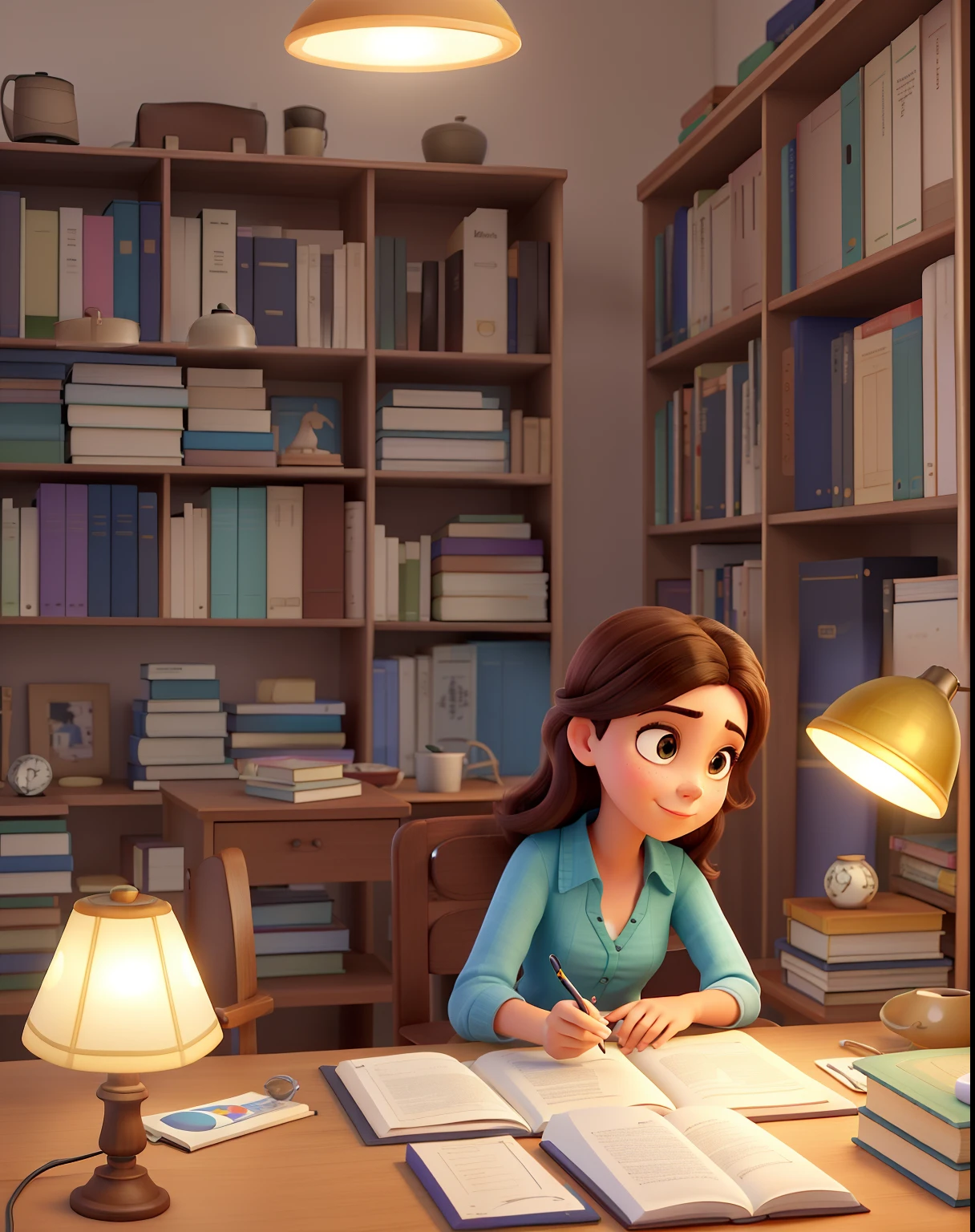 Imagem estilo PIXAR, Uma mulher branca, magra, fine strokes, com franjinha, cabelo grande liso e castanho escuro, olhos castanhos escuro, parada na frente, usando roupa elegante, segurando o livro orgulho e preconceito, illuminated by the light of a lamp, contra o pano de fundo de uma biblioteca, alta qualidade