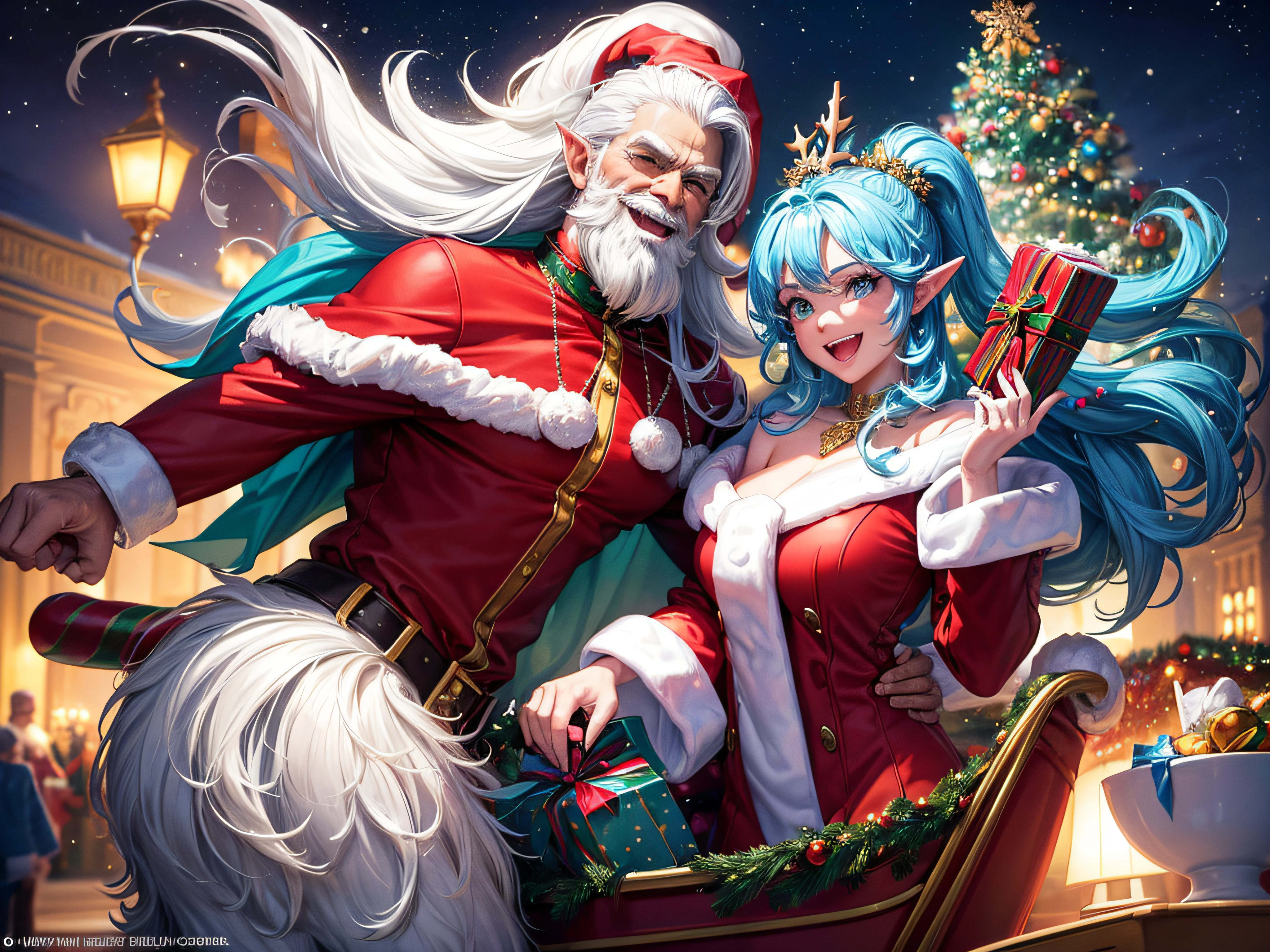 Pimpin Santa and Papa Smurf riding again on a low rider sleigh, (highly detailed:1.1, humorous:1.1), (colorful:1.2, vibrant:1.1) lighting, (best quality,4k,8k,highres,masterpiece:1.2), (ultra-detailed:1.1, realistic:1.37) rendering, (professional:1.1) portraits, with (detailed:1.1, expressive:1.1) facial features, (sparkling:1.1) eyes, (charismatic:1.1) smiles, and (colorful:1.1) clothing, (standing proudly:1.1) in a (festive:1.1) winter wonderland. The sleigh, customized in a chic low rider style, boasts (shiny:1.1) chrome accents and (sparkling:1.1) glitter, catching the (twinkling:1.1) (festive:1.1) lights. Papa Smurf holds onto his (delicately detailed:1.1) white beard, while Santa shines with his (blinged-out:1.1) suit and (glimmering:1.1) gold chains. The (whimsical:1.1) scene is completed with (playful:1.1) elves dancing around, (enchanted:1.1) snowflakes falling, and presents scattered everywhere. The overall image exudes joy, laughter, and a festive holiday spirit.