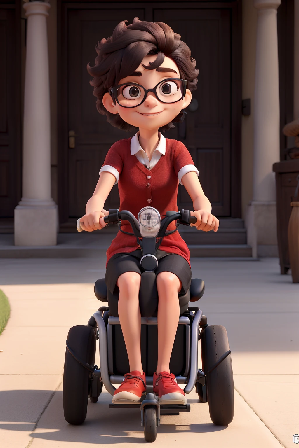 obra-prima, de melhor qualidade, Uma menina branca com cabelo castanho escuro curto estilo pixie, Wearing black glasses in a motorized wheelchair, usando roupa vermelha