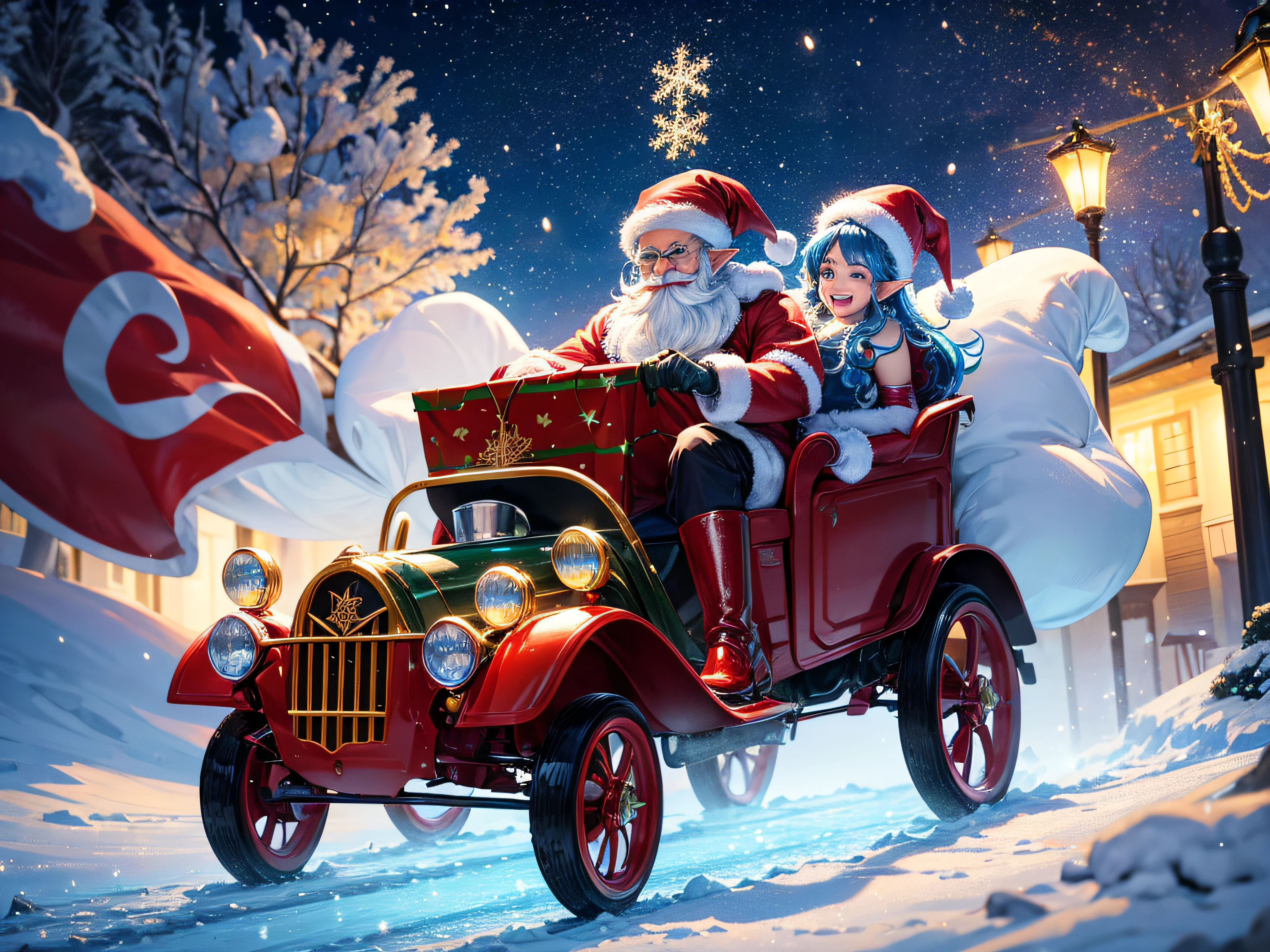 Pimpin Santa and Papa Smurf riding again on a low rider sleigh, (highly detailed:1.1, humorous:1.1), (colorful:1.2, vibrant:1.1) lighting, (best quality,4k,8k,highres,masterpiece:1.2), (ultra-detailed:1.1, realistic:1.37) rendering, (professional:1.1) portraits, with (detailed:1.1, expressive:1.1) facial features, (sparkling:1.1) eyes, (charismatic:1.1) smiles, and (colorful:1.1) clothing, (standing proudly:1.1) in a (festive:1.1) winter wonderland. The sleigh, customized in a chic low rider style, boasts (shiny:1.1) chrome accents and (sparkling:1.1) glitter, catching the (twinkling:1.1) (festive:1.1) lights. Papa Smurf holds onto his (delicately detailed:1.1) white beard, while Santa shines with his (blinged-out:1.1) suit and (glimmering:1.1) gold chains. The (whimsical:1.1) scene is completed with (playful:1.1) elves dancing around, (enchanted:1.1) snowflakes falling, and presents scattered everywhere. The overall image exudes joy, laughter, and a festive holiday spirit.